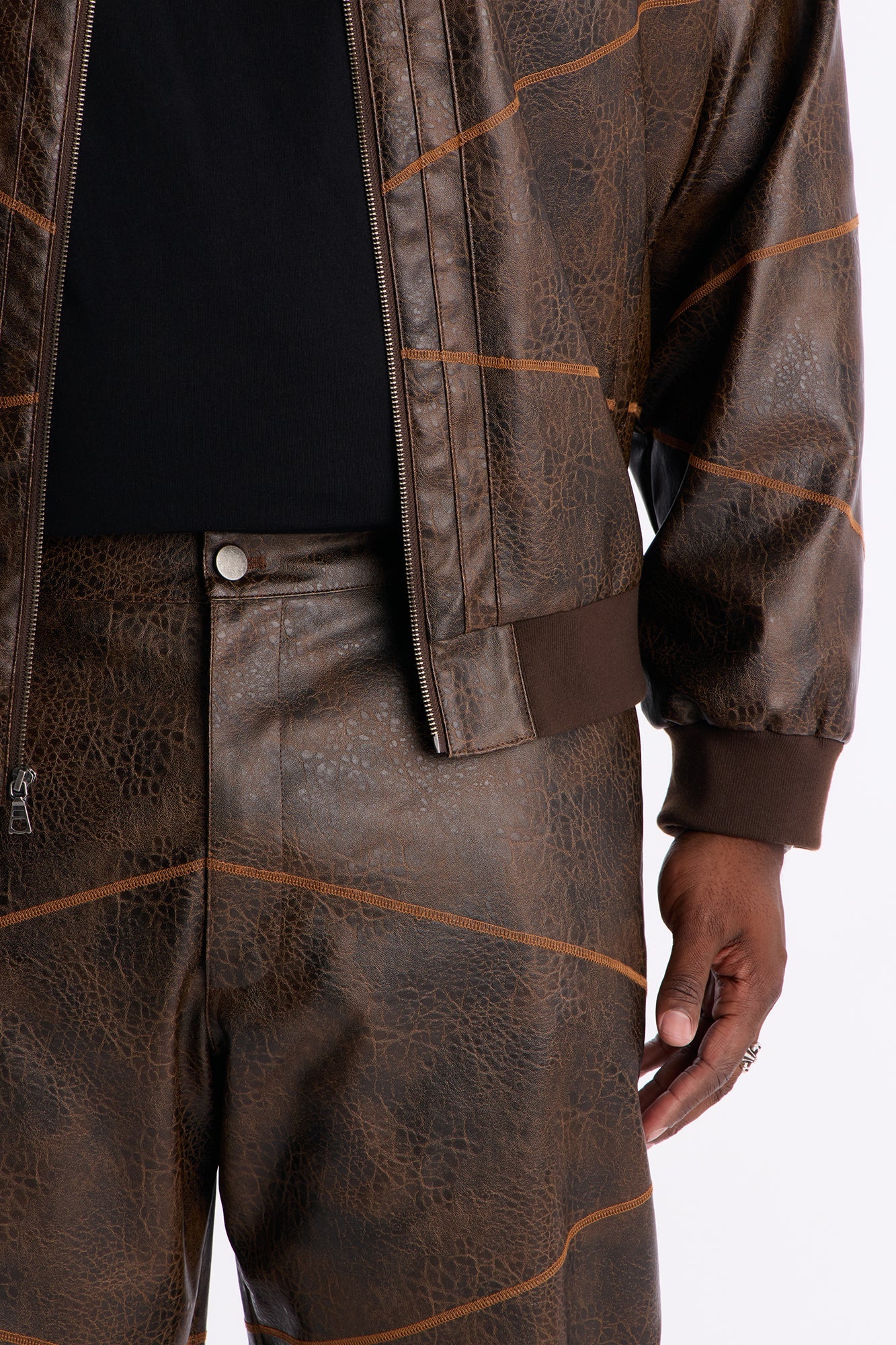 Straight Vintage Chainstitch Faux Leather Pant - Brown