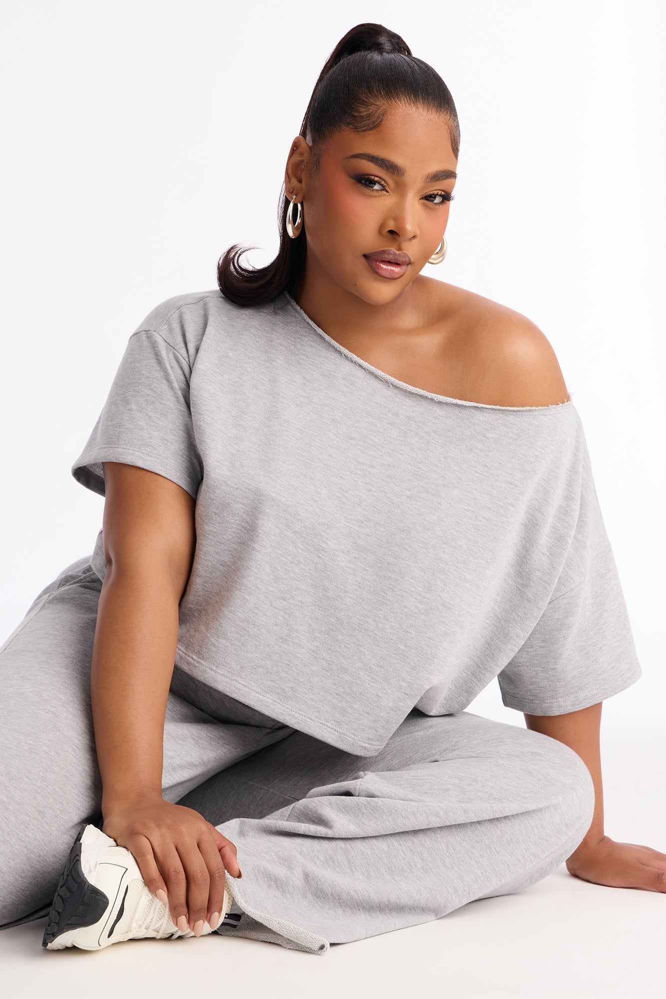 Chill Status Off Shoulder Pant Set - Heather Grey