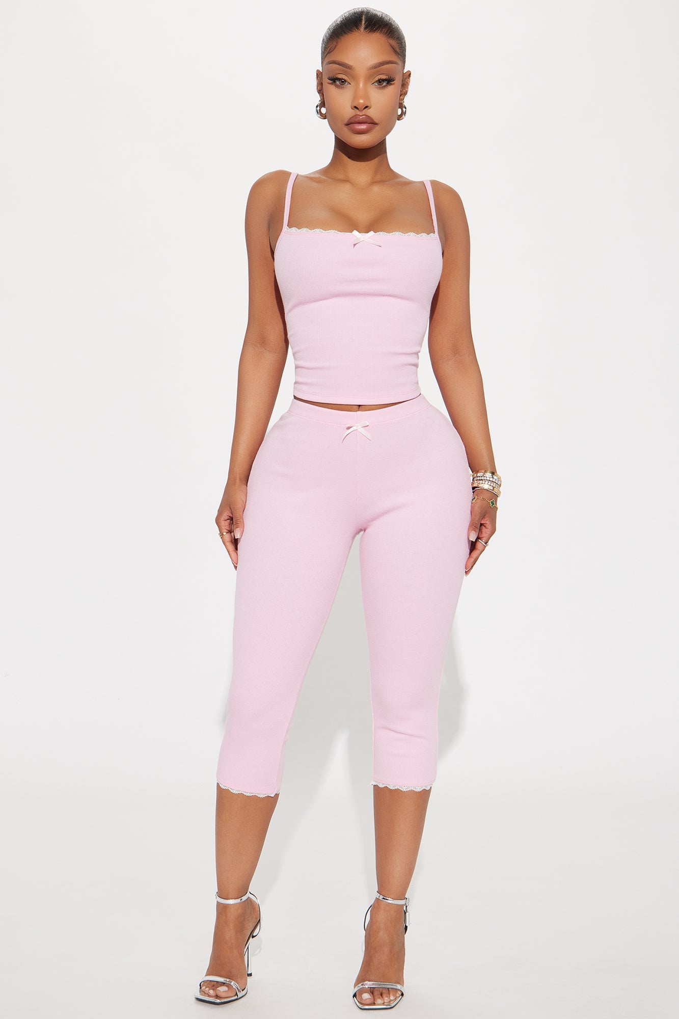 Arabella Lace Trim Capri Pant Set - Pink