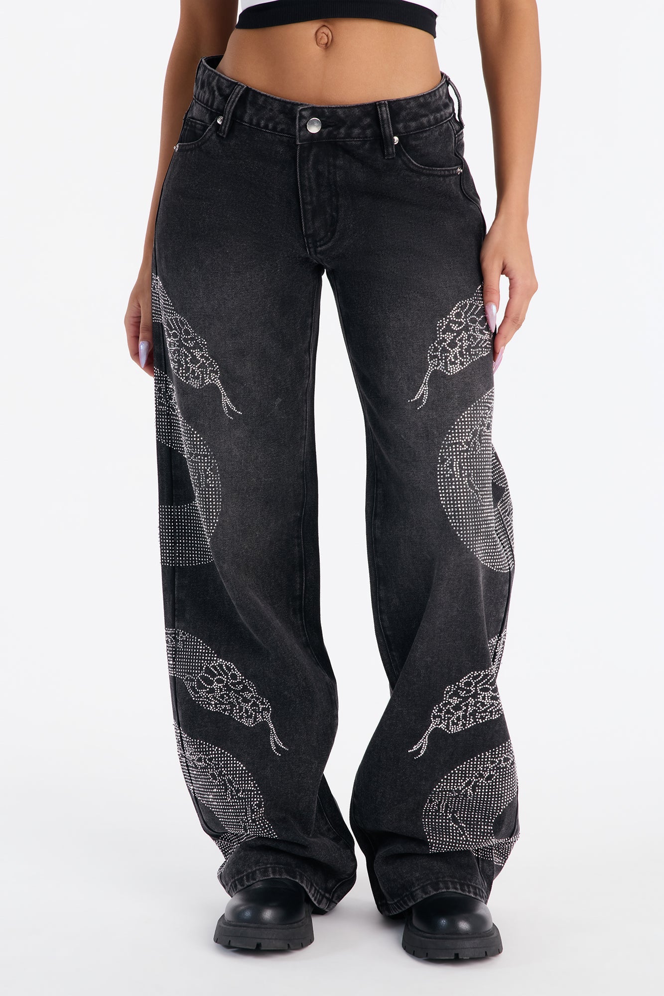 Westside Snake Embellished Low Rise Wide Leg Jean - Black Wash