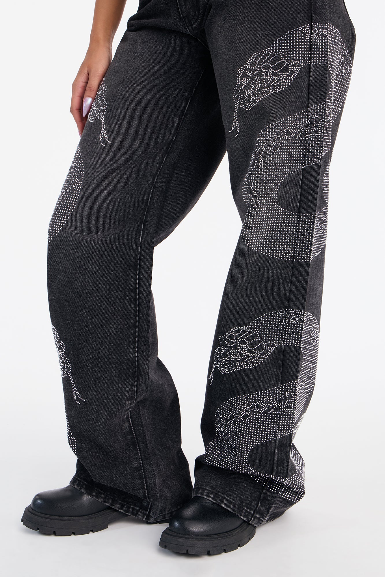 Westside Snake Embellished Low Rise Wide Leg Jean - Black Wash
