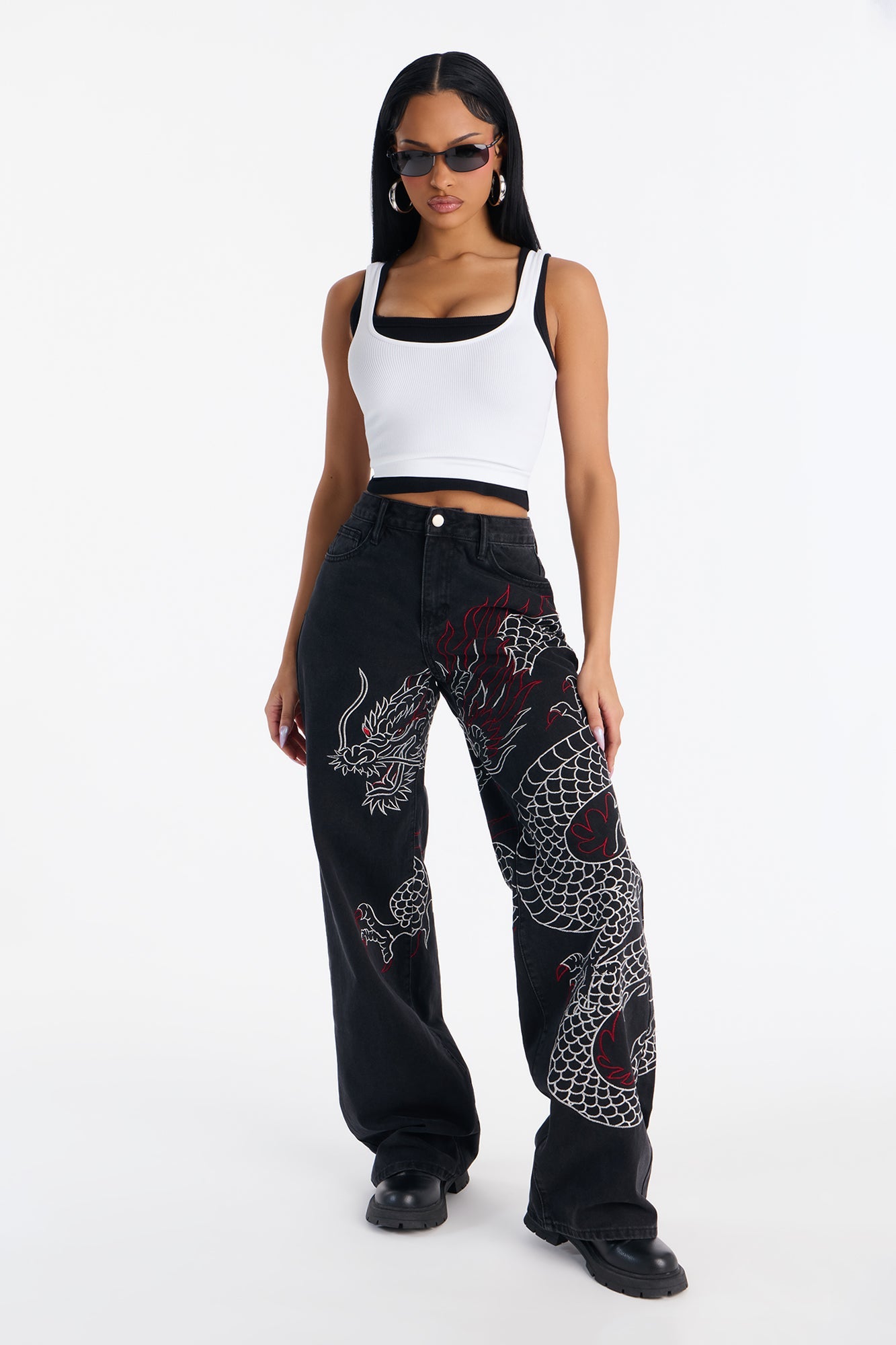 Dragon Fire Embroidered Wide Leg Jeans - Black Wash