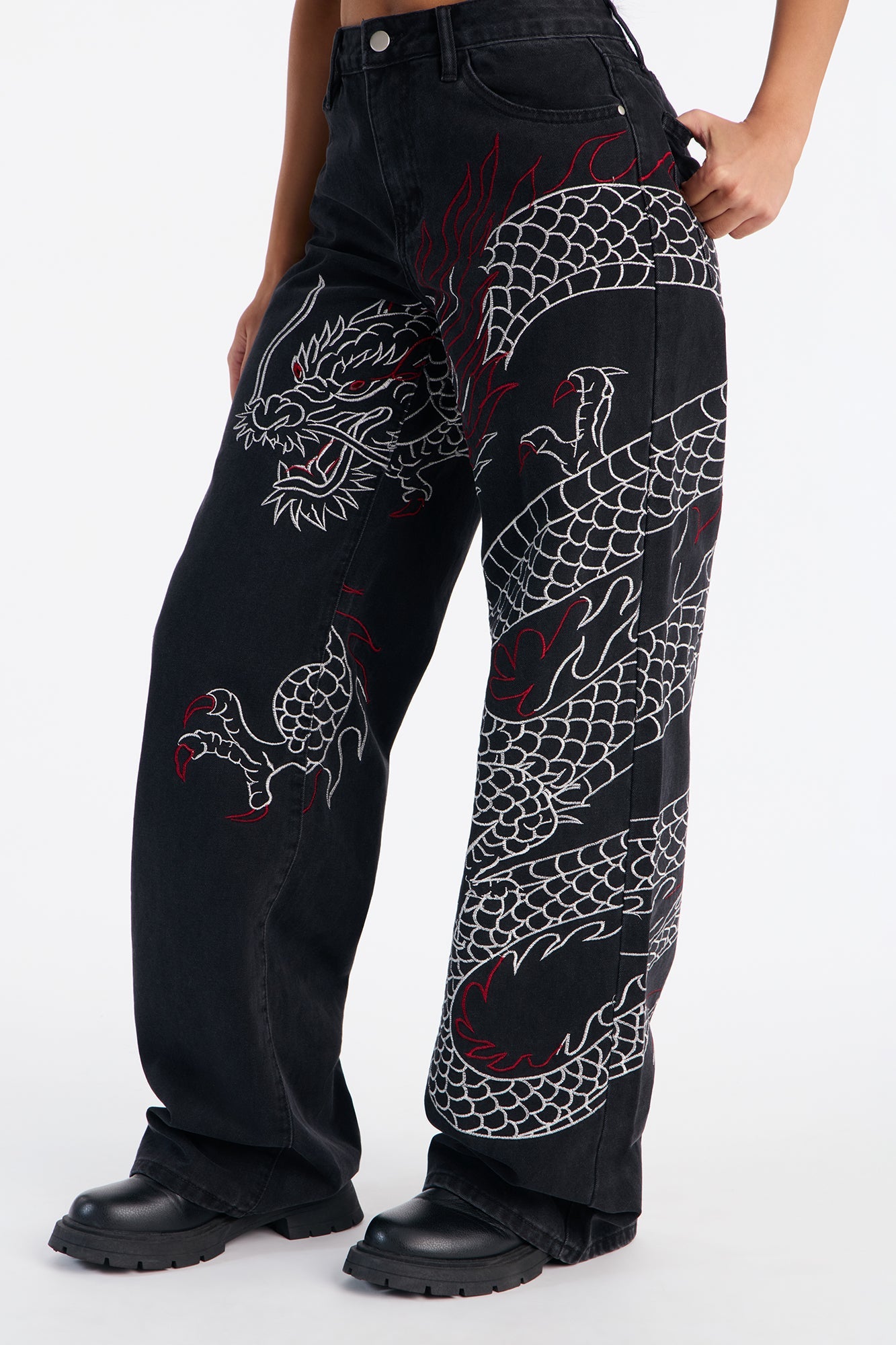 Dragon Fire Embroidered Wide Leg Jeans - Black Wash