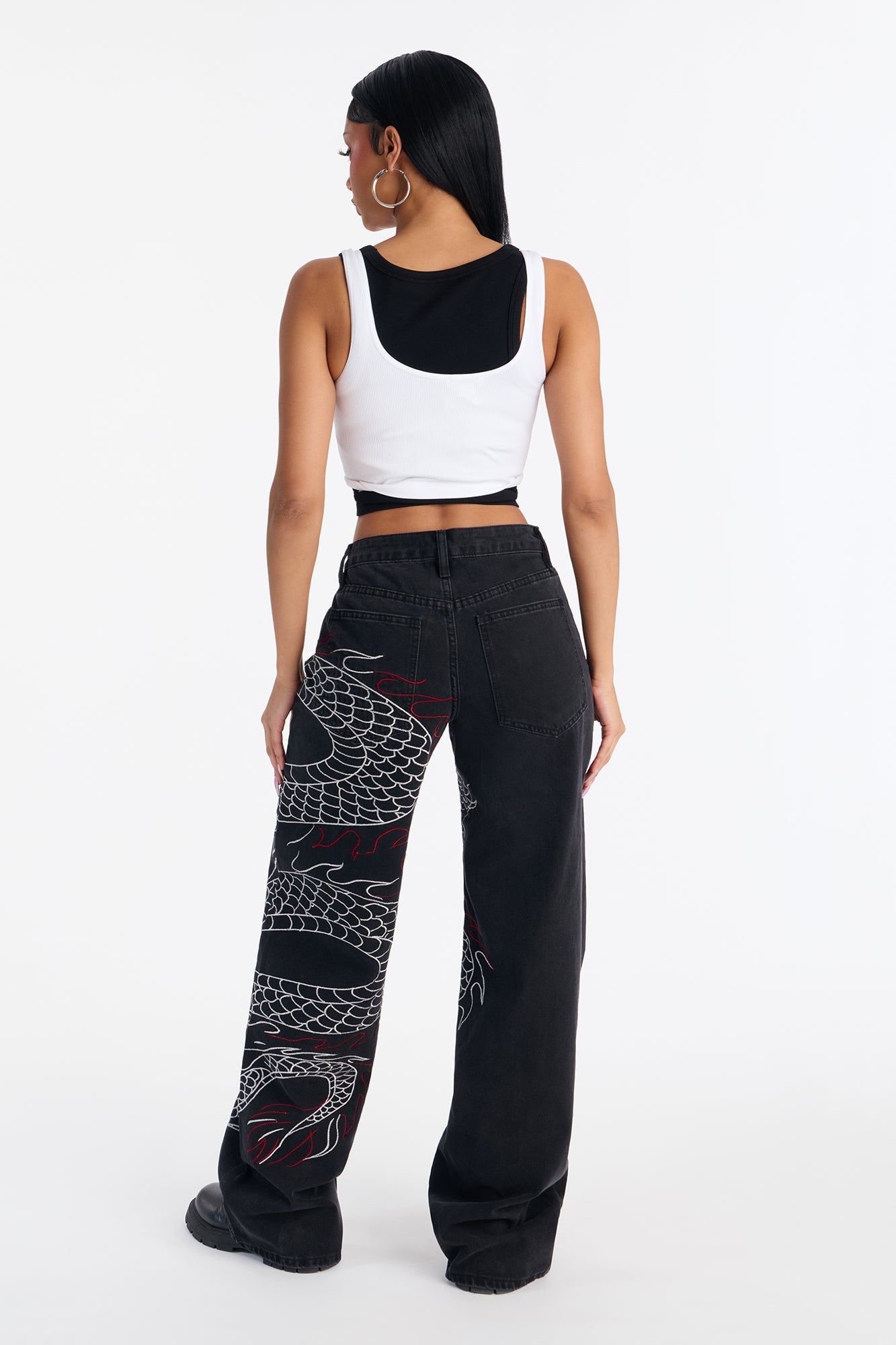 Dragon Fire Embroidered Wide Leg Jeans - Black Wash