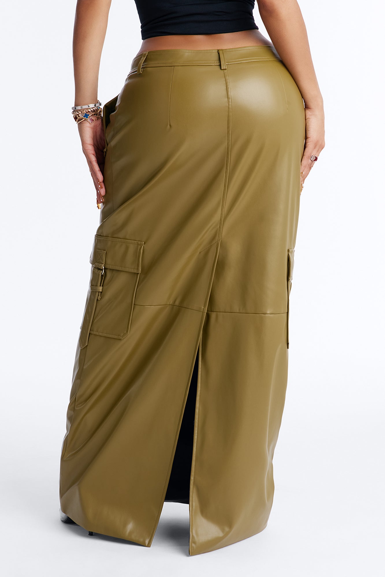 Catwalk Chic Faux Leather Cargo Maxi Skirt - Olive