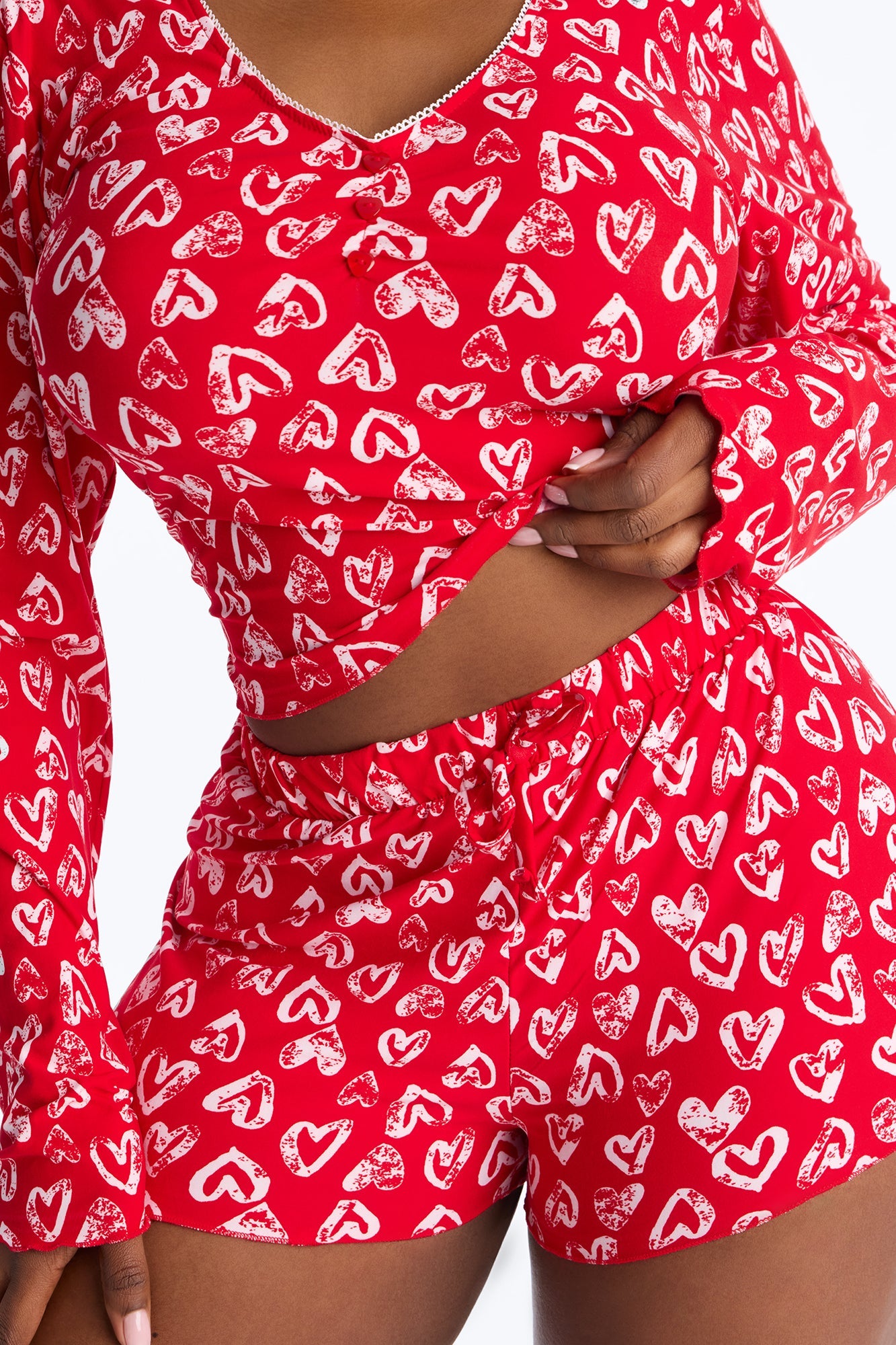 Love Everywhere Long Sleeve PJ Short Set - Red/White