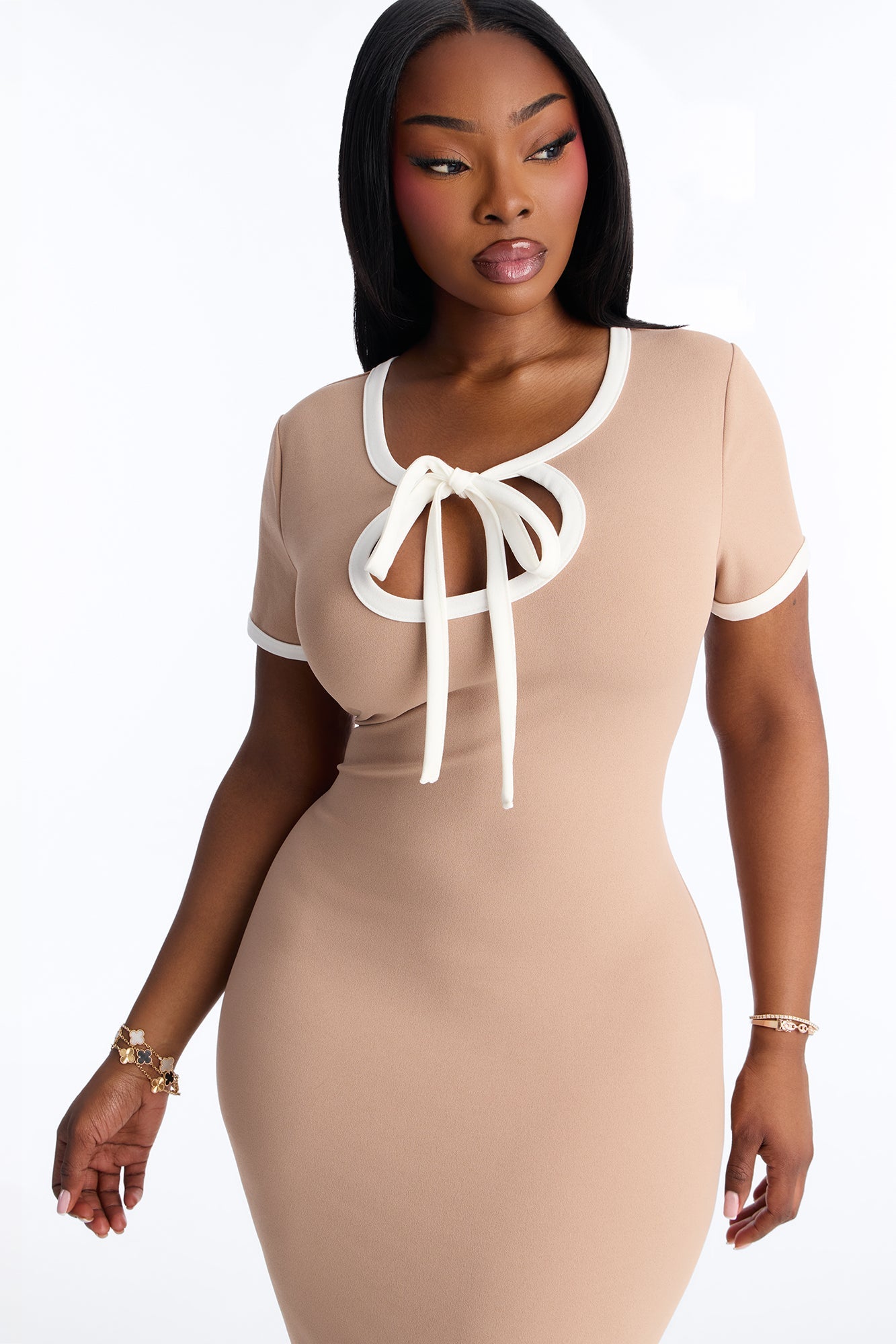 Set The Bar Short Sleeve Midi Dress - Taupe