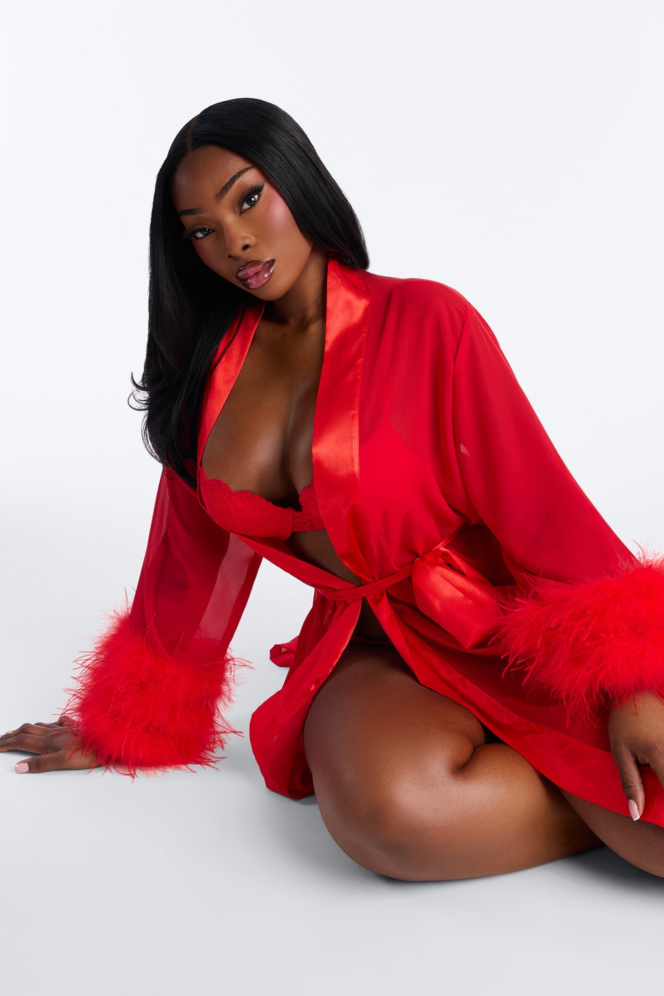 Love Me Harder Sheer Feather Trim Robe - Red