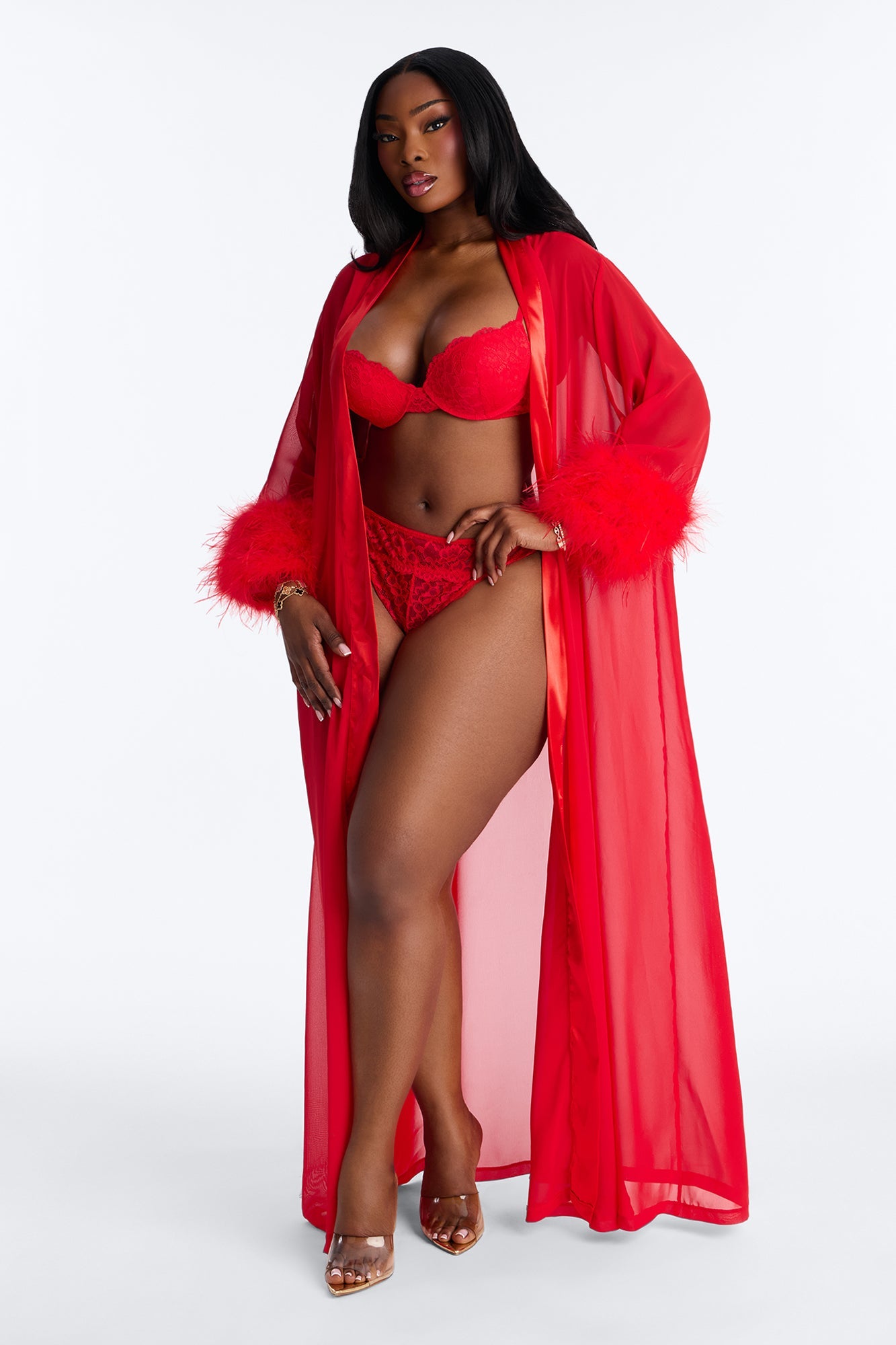 Love Me Harder Sheer Feather Trim Robe - Red