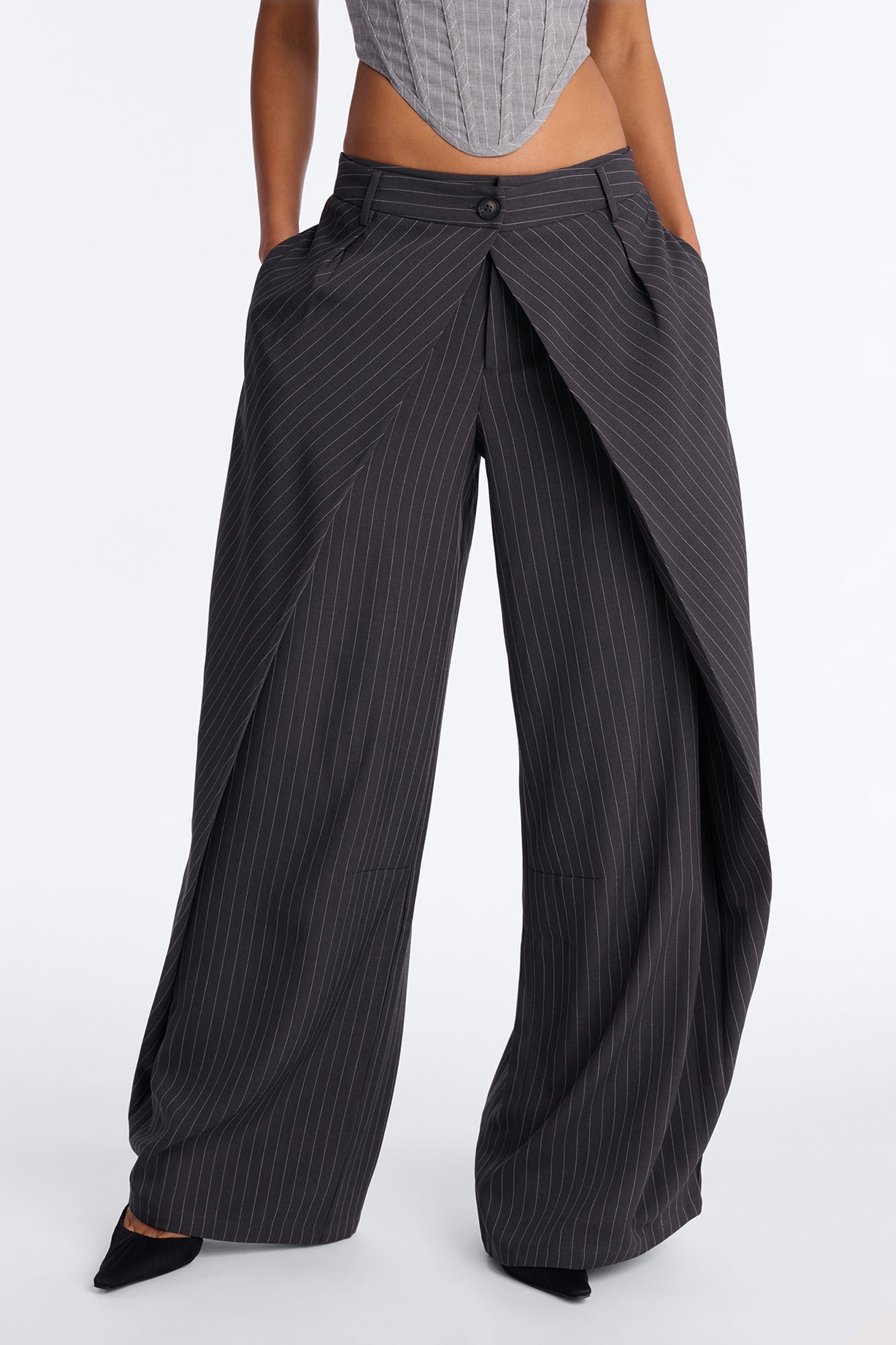 Margaret Mid Rise Wide Leg Front Wrap Trouser Pant 33″ - Charcoal