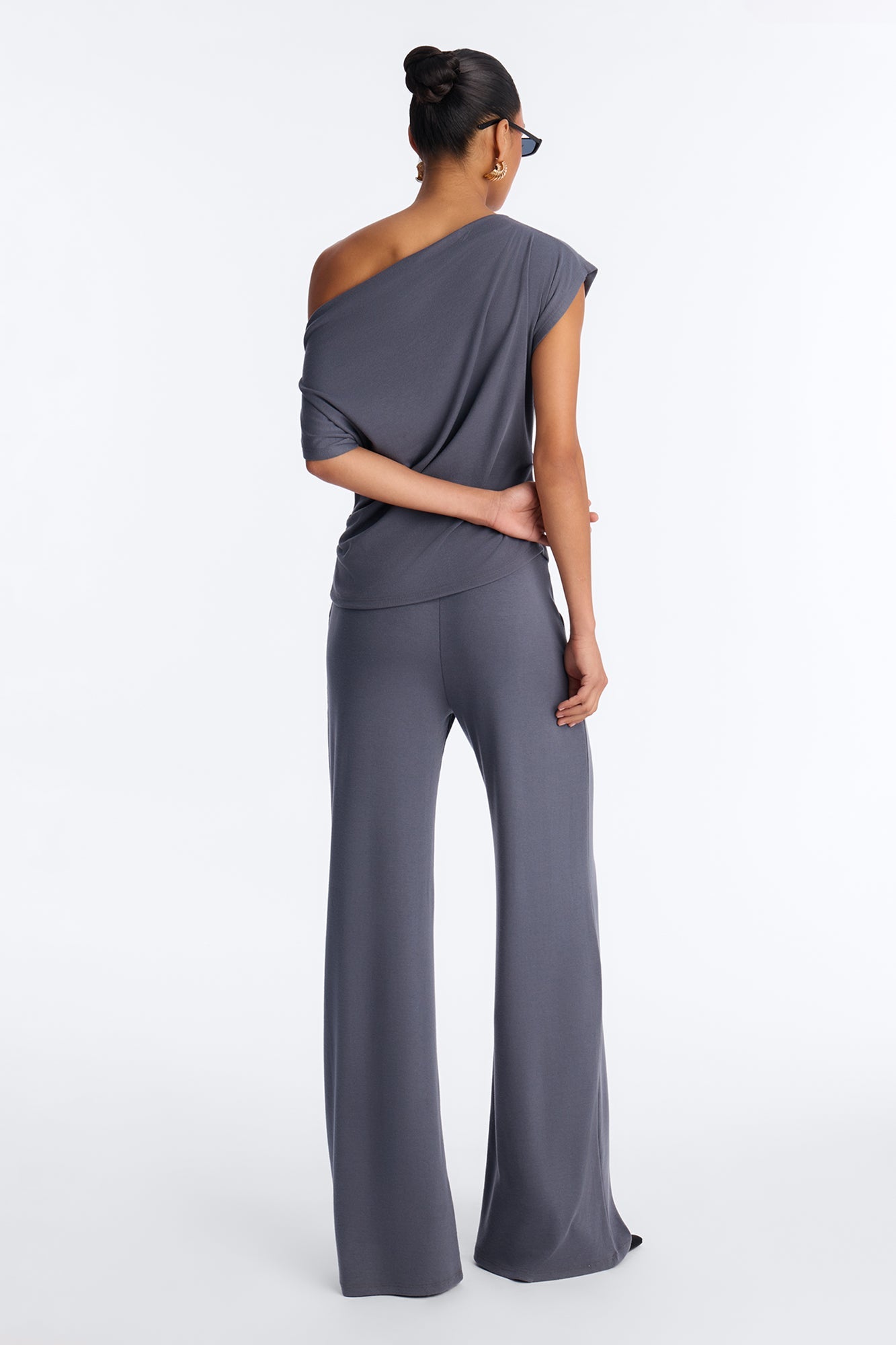 Alicia Off Shoulder Wide Leg Pant Set - Dark Grey