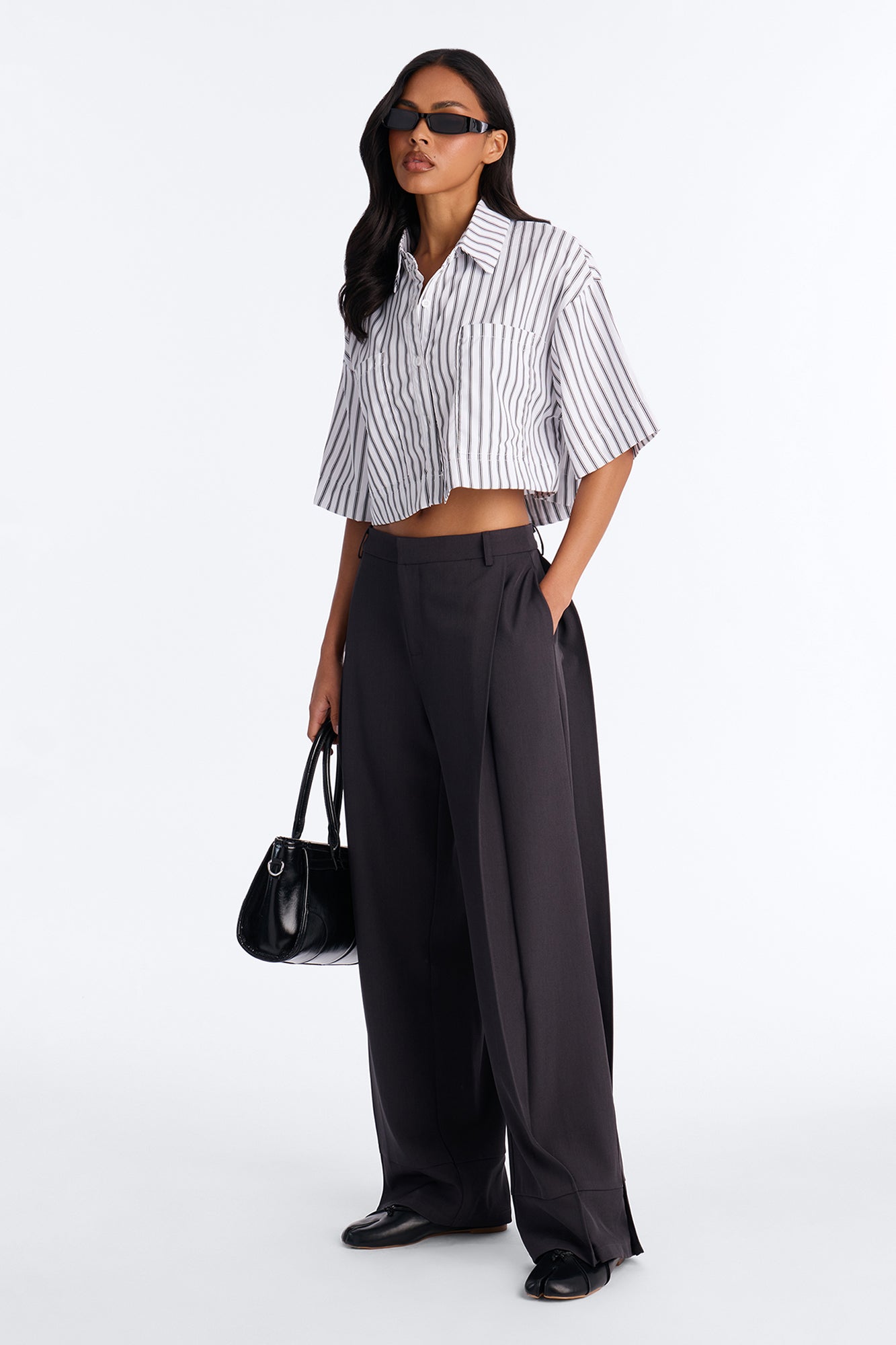 Anya Double Side Pleat Button Hem Trouser 33″ - Charcoal