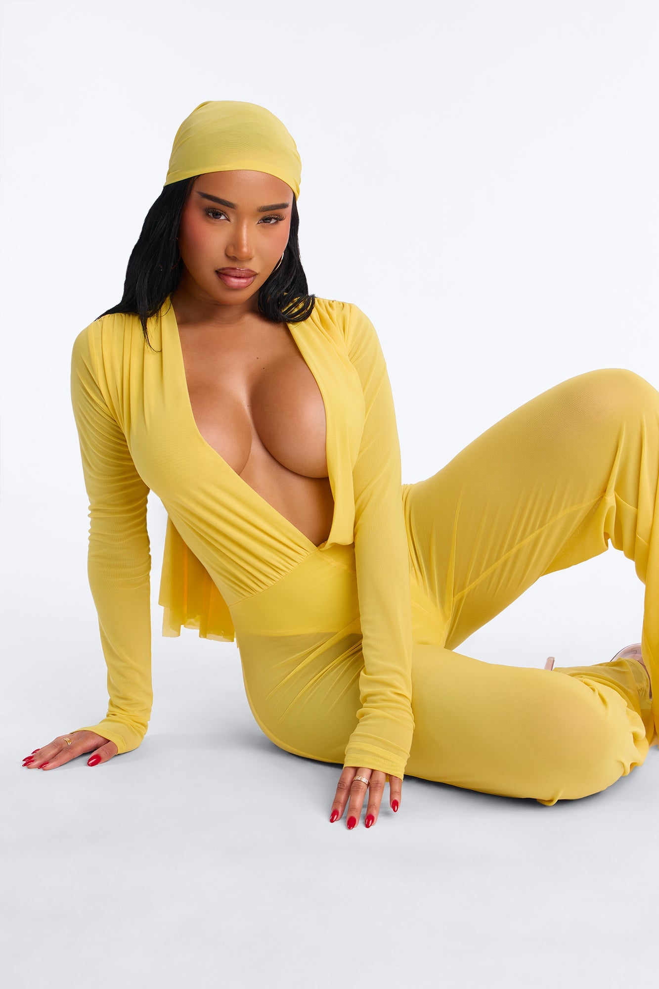 Sara Plunge Neck Jumpsuit And Headscarf 2 Piece Set - Butter Yellow