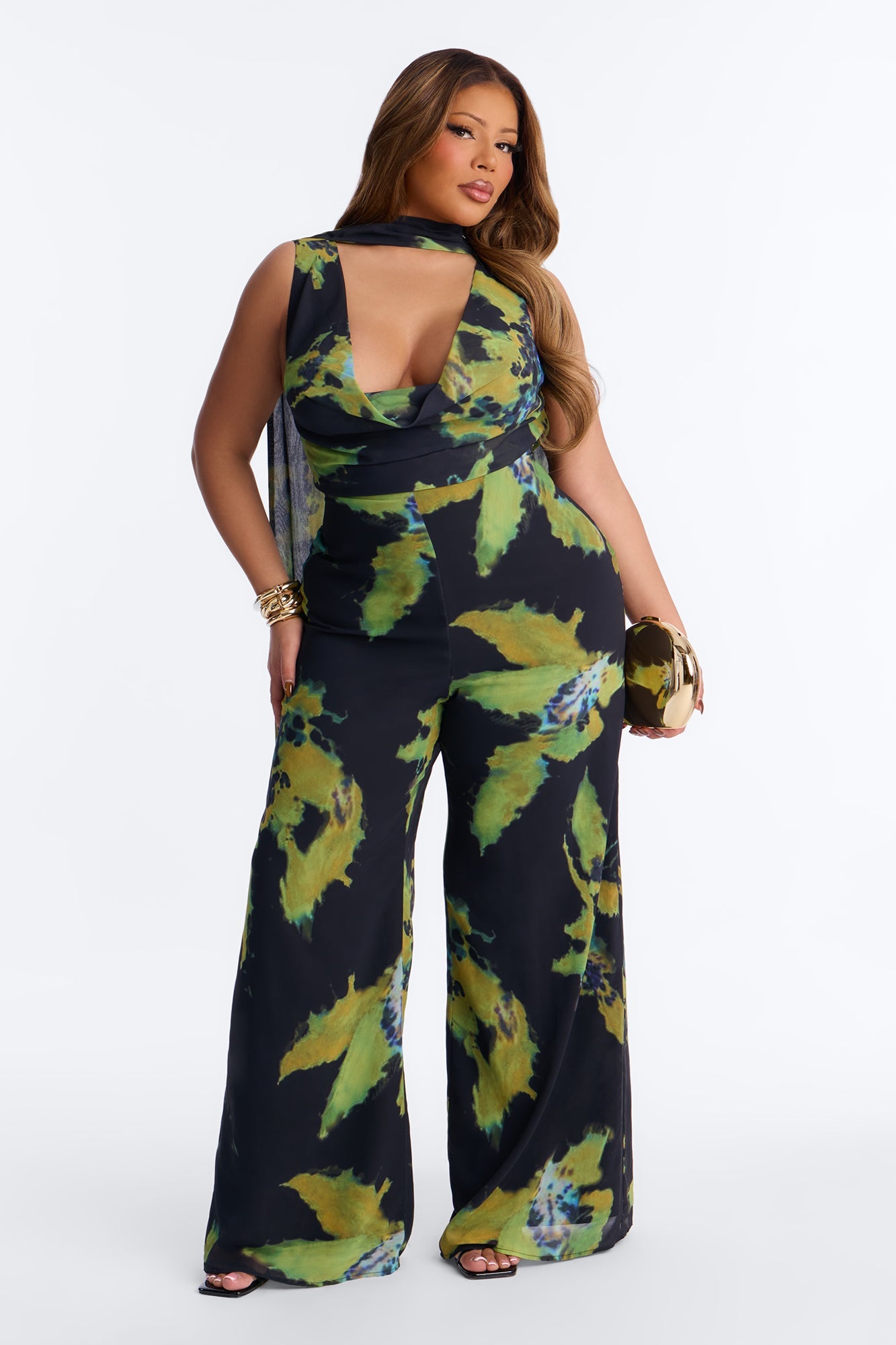 Carli Chiffon Cowl Neck Jumpsuit - Black/Green