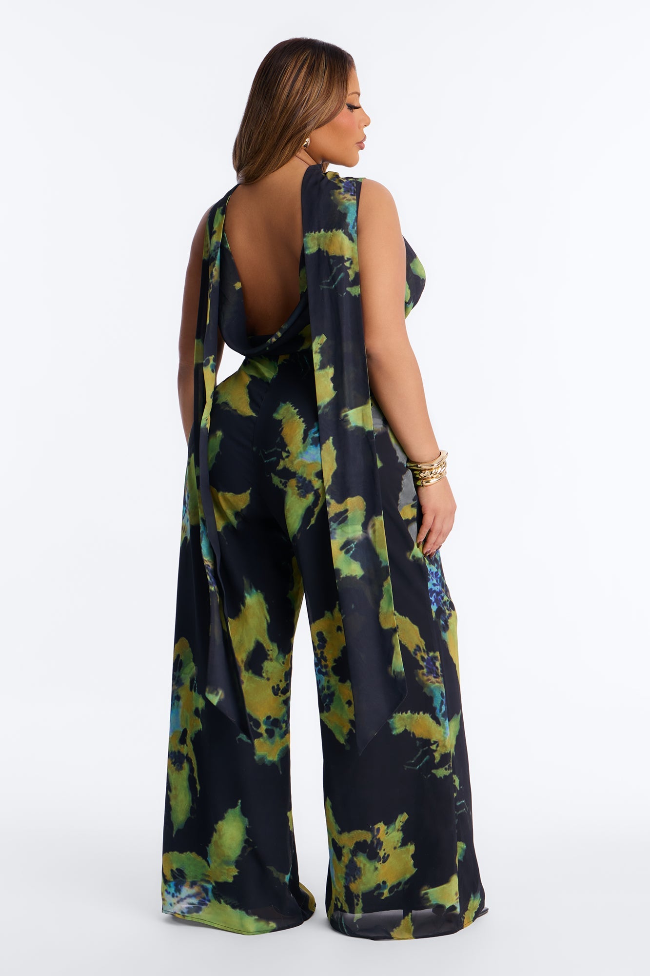 Carli Chiffon Cowl Neck Jumpsuit - Black/Green