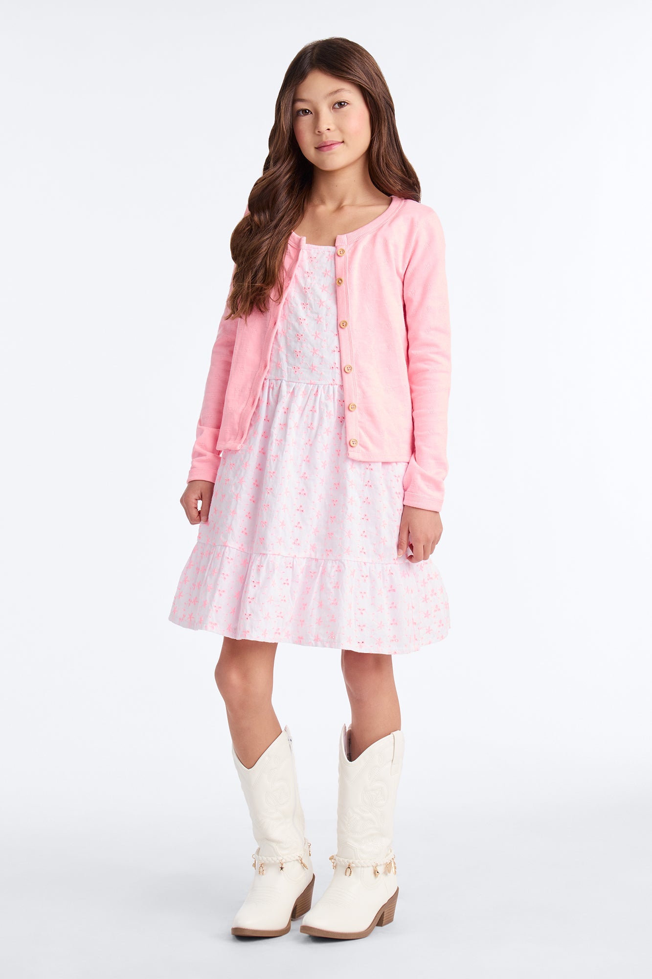 Mini Eve Printed Cardigan And Dress Set - Pink/combo