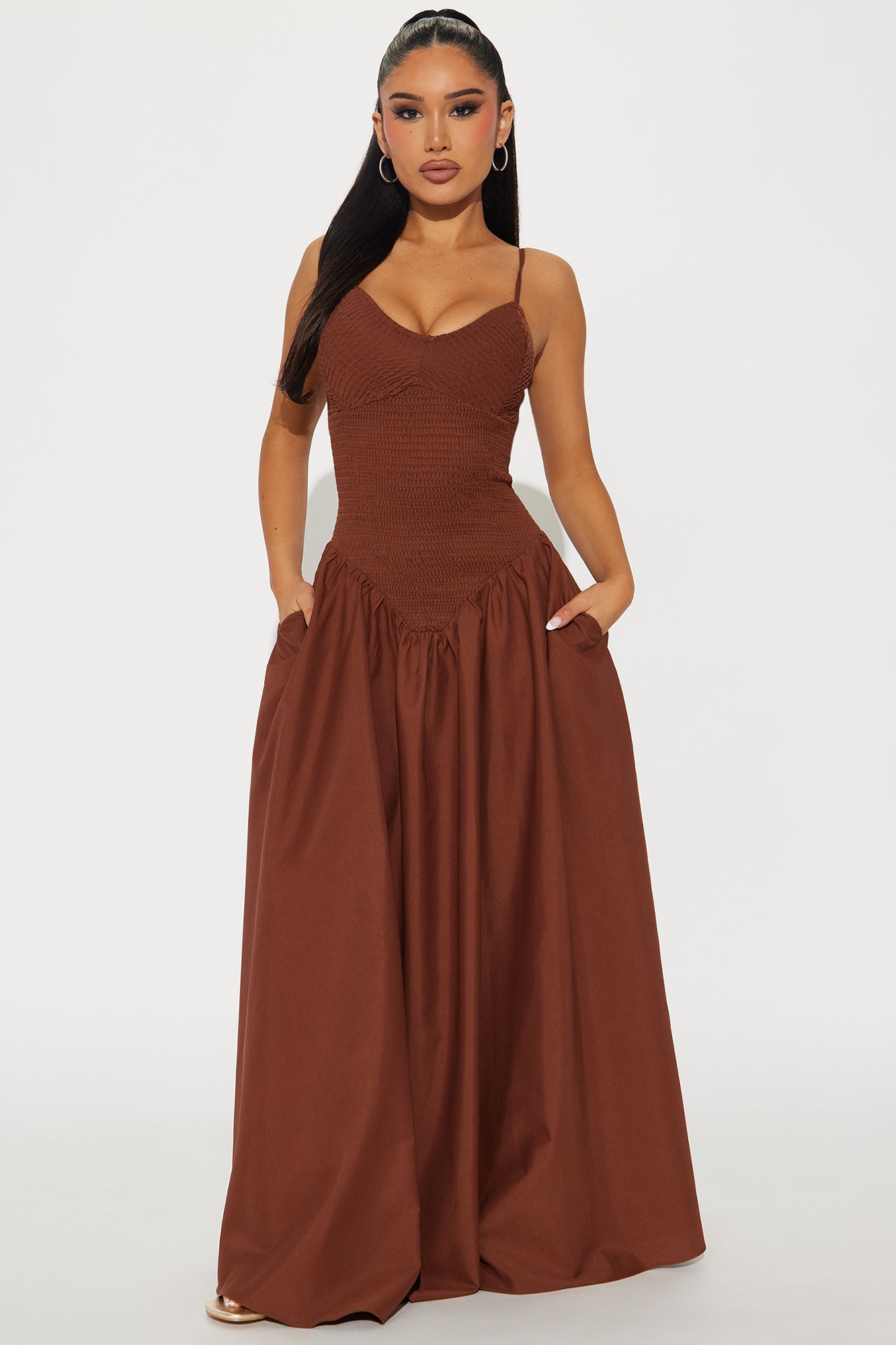 Lily Smocked Drop Waist Maxi Dress - Brown