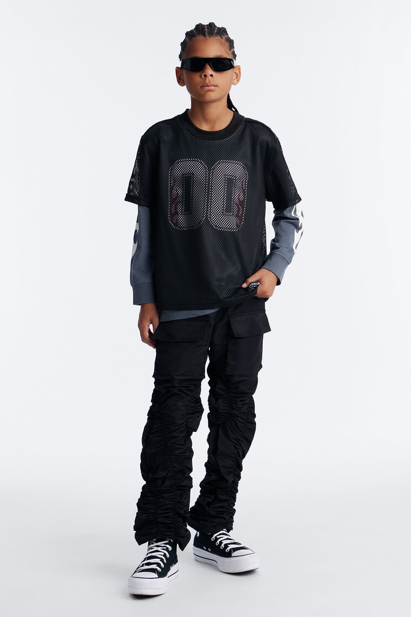 Mini Scrunched Flared Nylon Cargo Pants - Black
