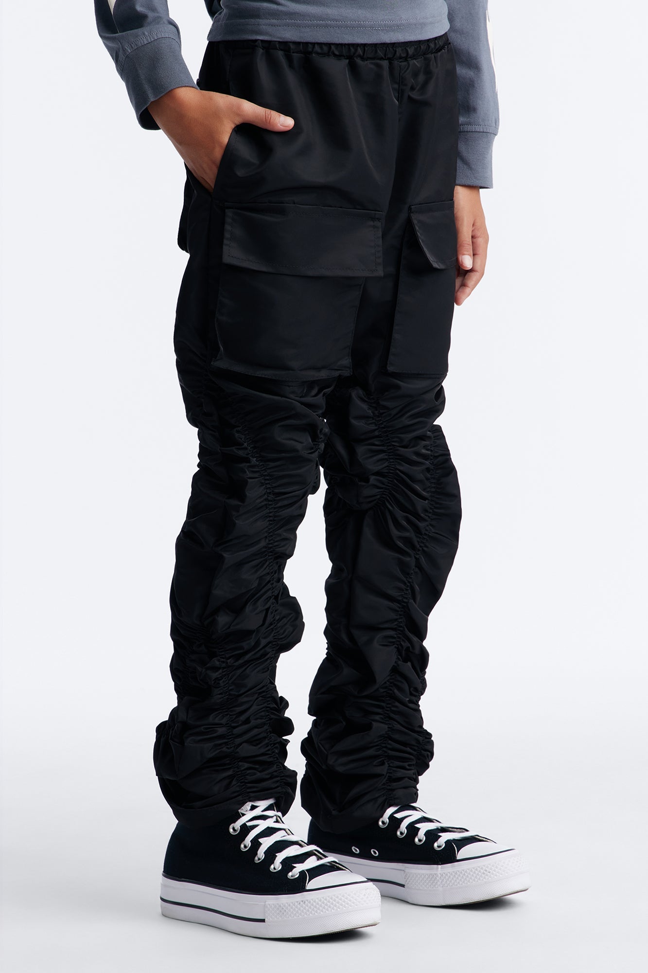Mini Scrunched Flared Nylon Cargo Pants - Black