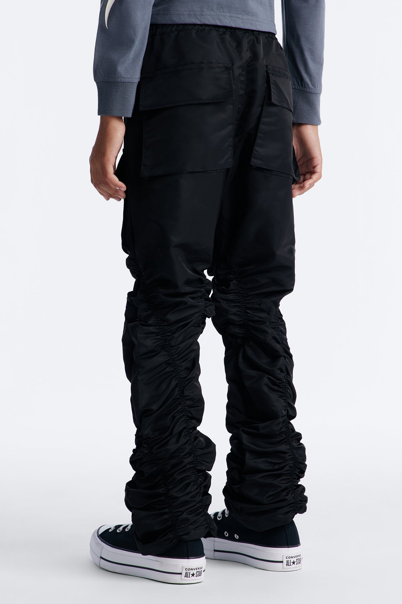 Mini Scrunched Flared Nylon Cargo Pants - Black