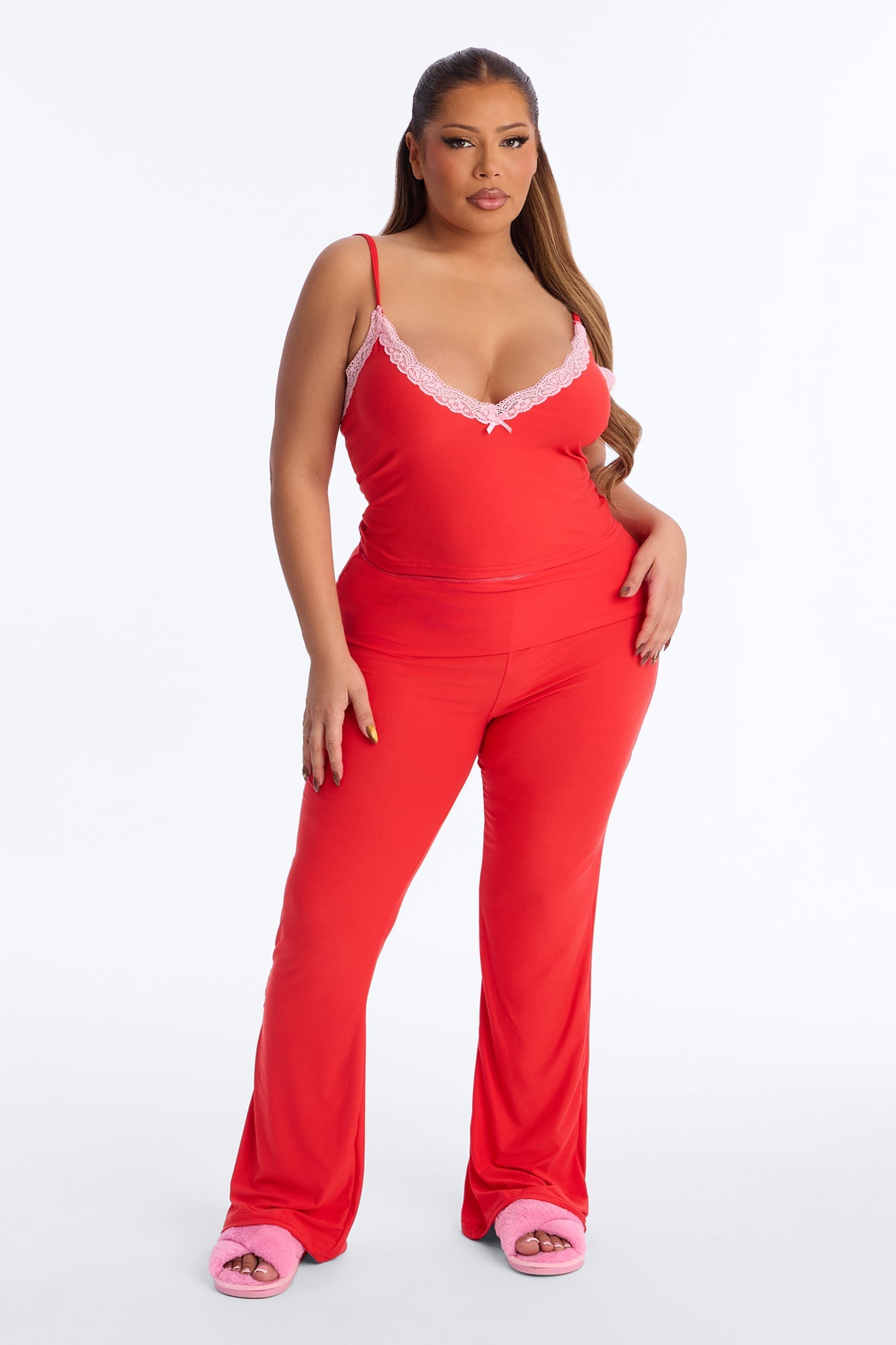 Always Sleeping Cami Fold Over Waist PJ Pant Set - Red