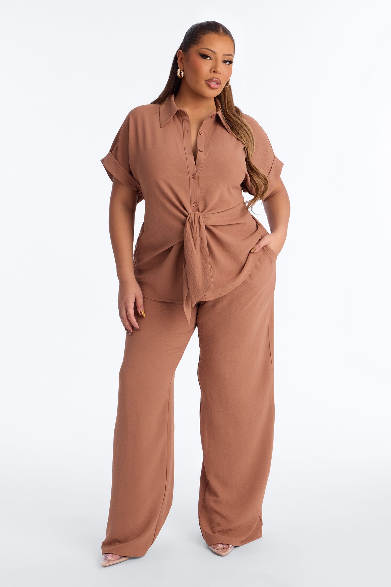 Makela Tie Front Wide Leg Pant Set - Mocha