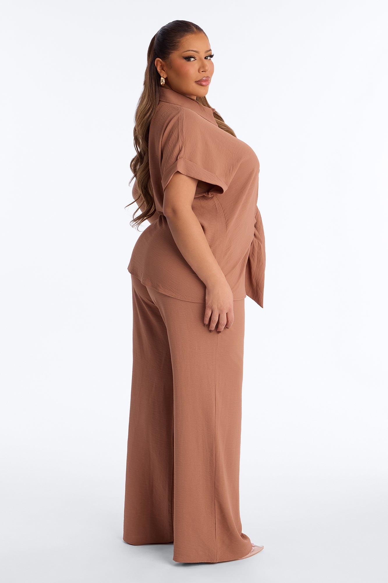 Makela Tie Front Wide Leg Pant Set - Mocha