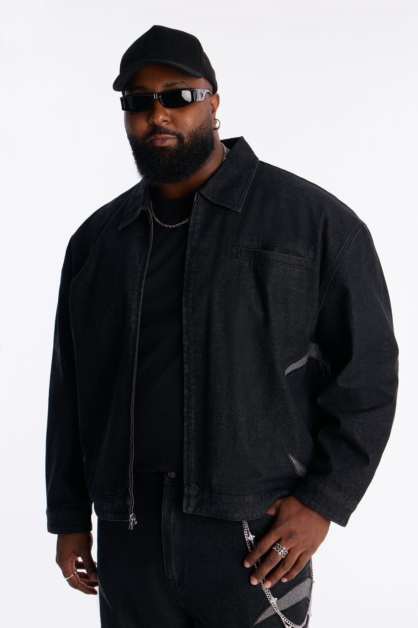 Cropped Crescent Denim Work Jacket - Black
