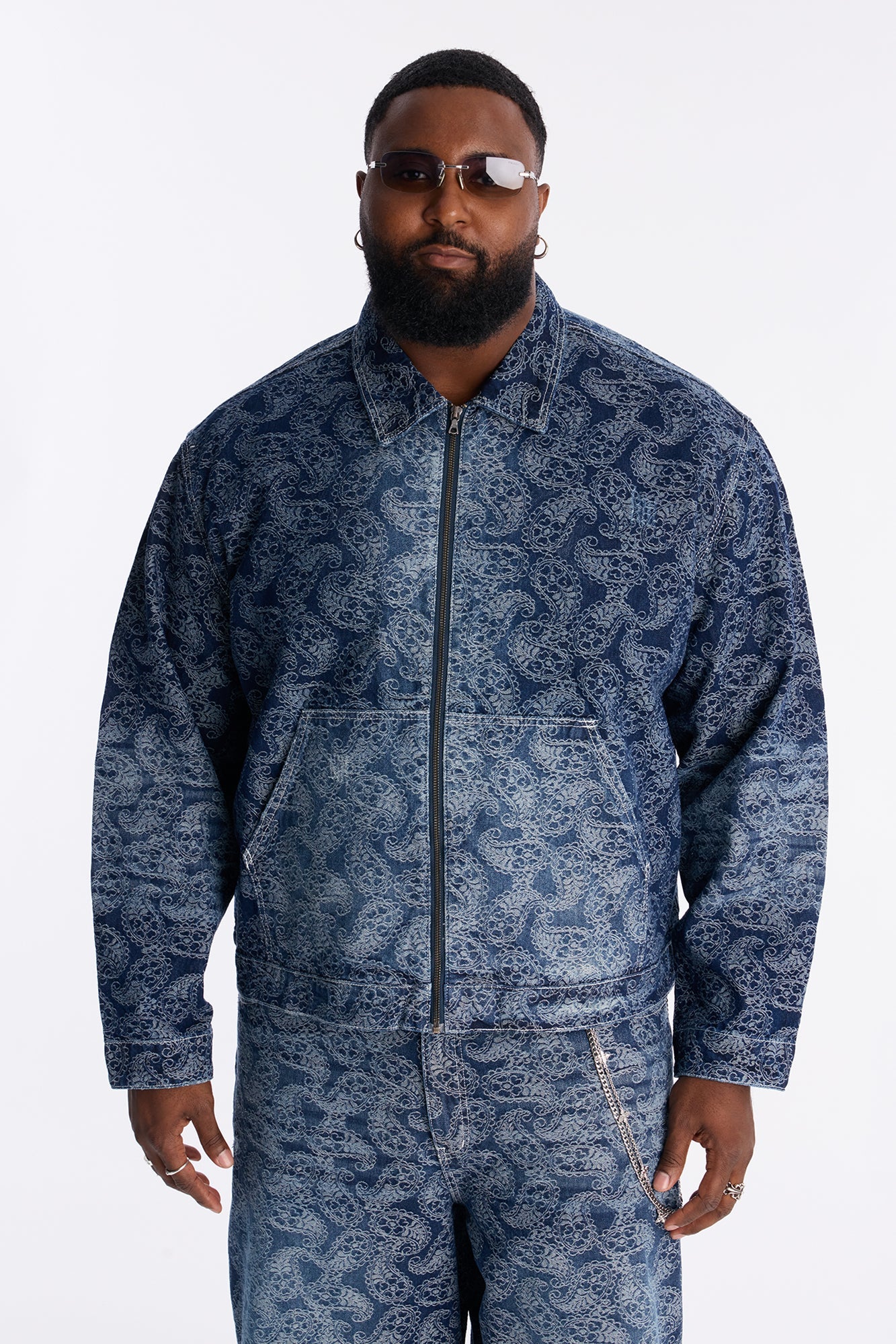 Cropped Paisley Jacquard Denim Work Jacket - Dark Wash