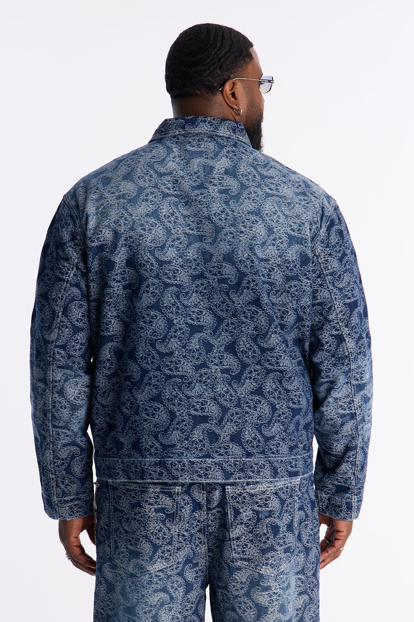 Cropped Paisley Jacquard Denim Work Jacket - Dark Wash