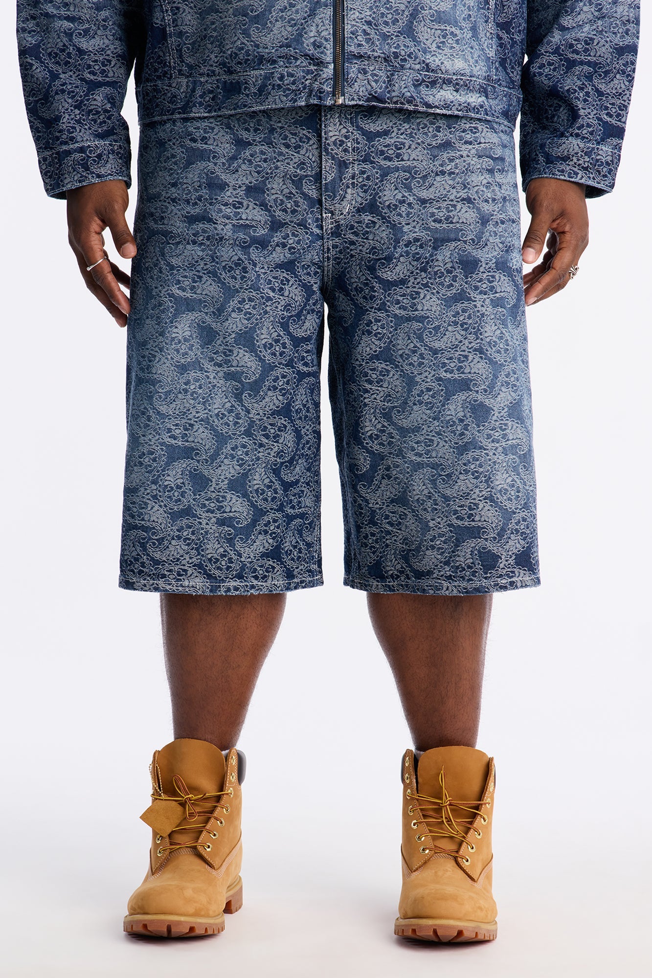 Baggy Paisley Jacquard Denim Short - Dark Wash