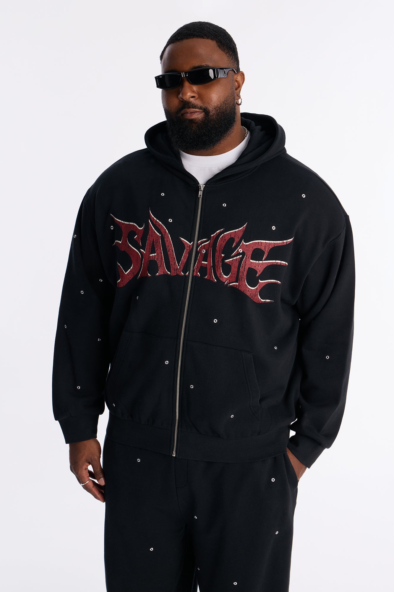 Savage Rhinestone Zip Hoodie - Black