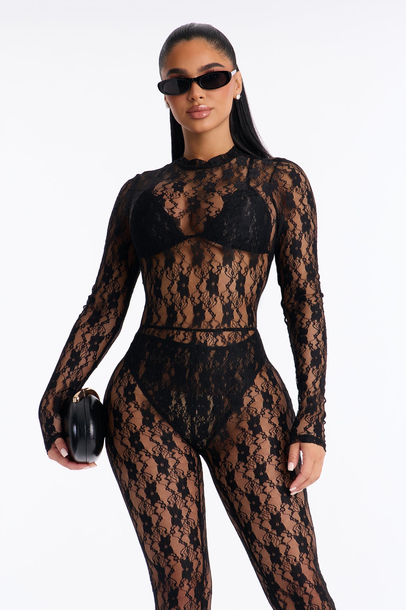 Angelica Lace Stirrup Catsuit 3 Piece Set - Black