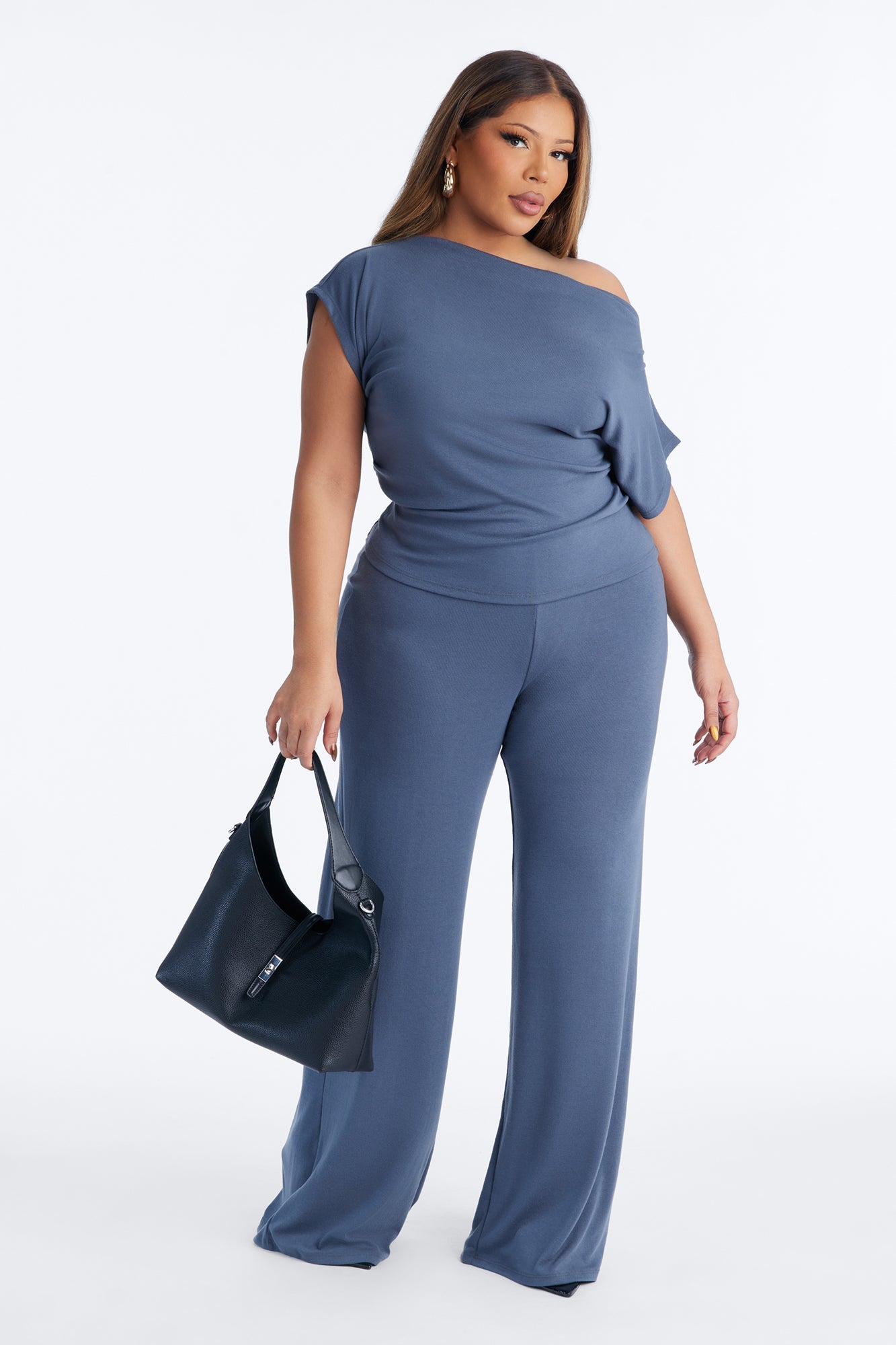 Alicia Off Shoulder Wide Leg Pant Set - Dark Grey