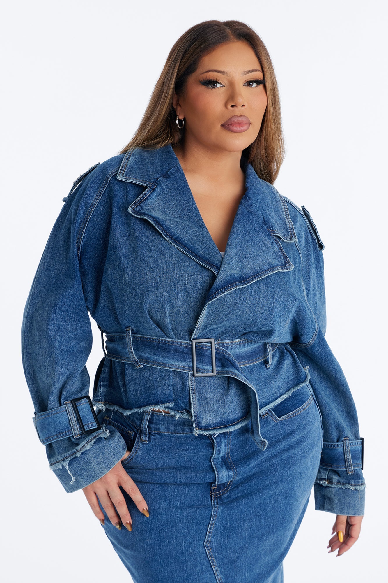 Frida Denim Belted Maxi Skirt Set - Medium Wash