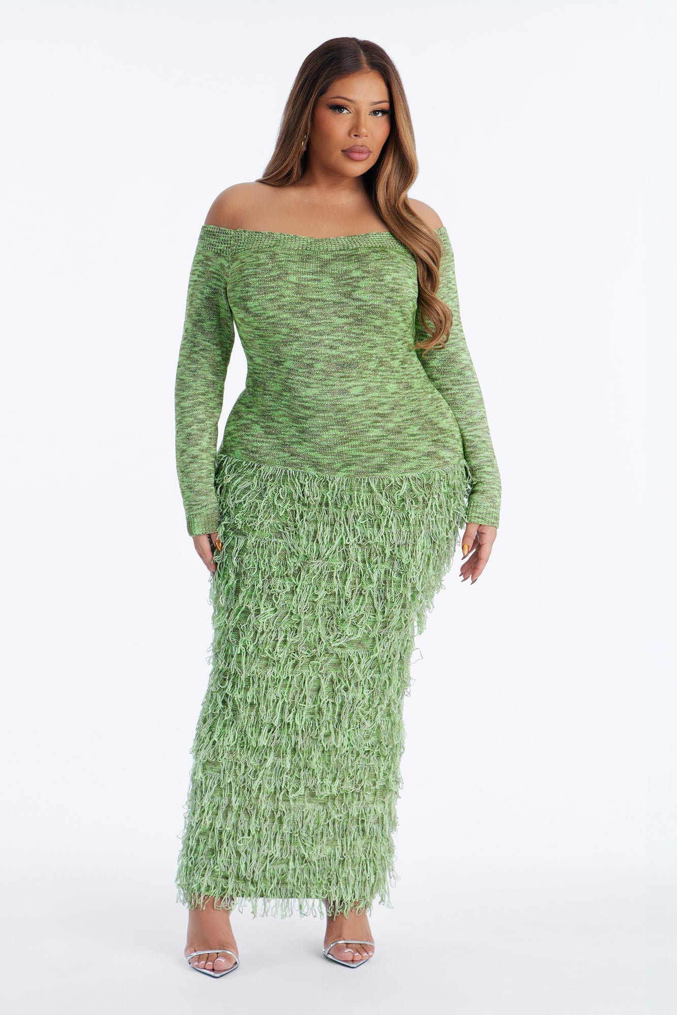 Kimberly Fringe Off Shoulder Sweater Maxi Dress - Green