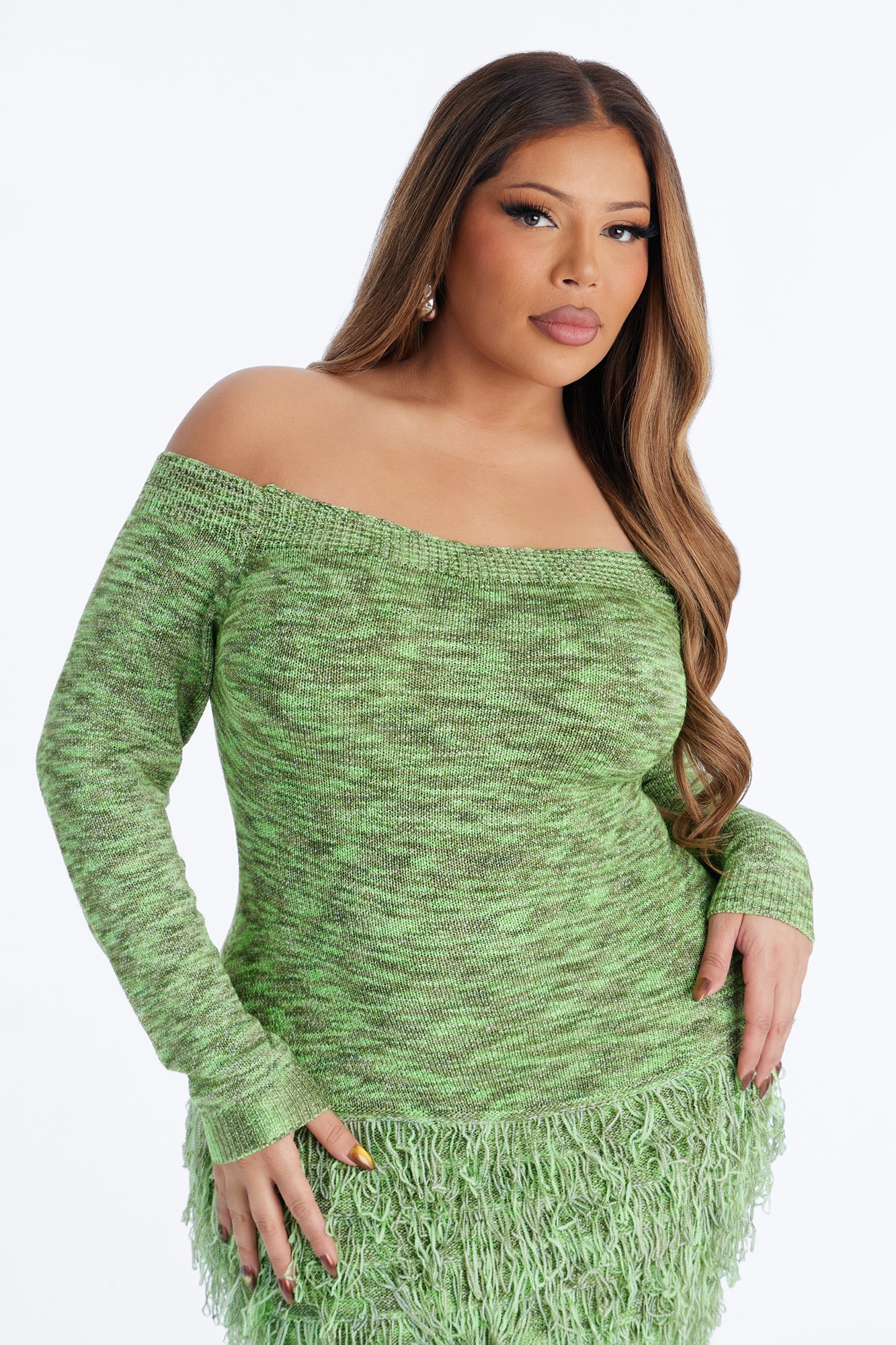Kimberly Fringe Off Shoulder Sweater Maxi Dress - Green