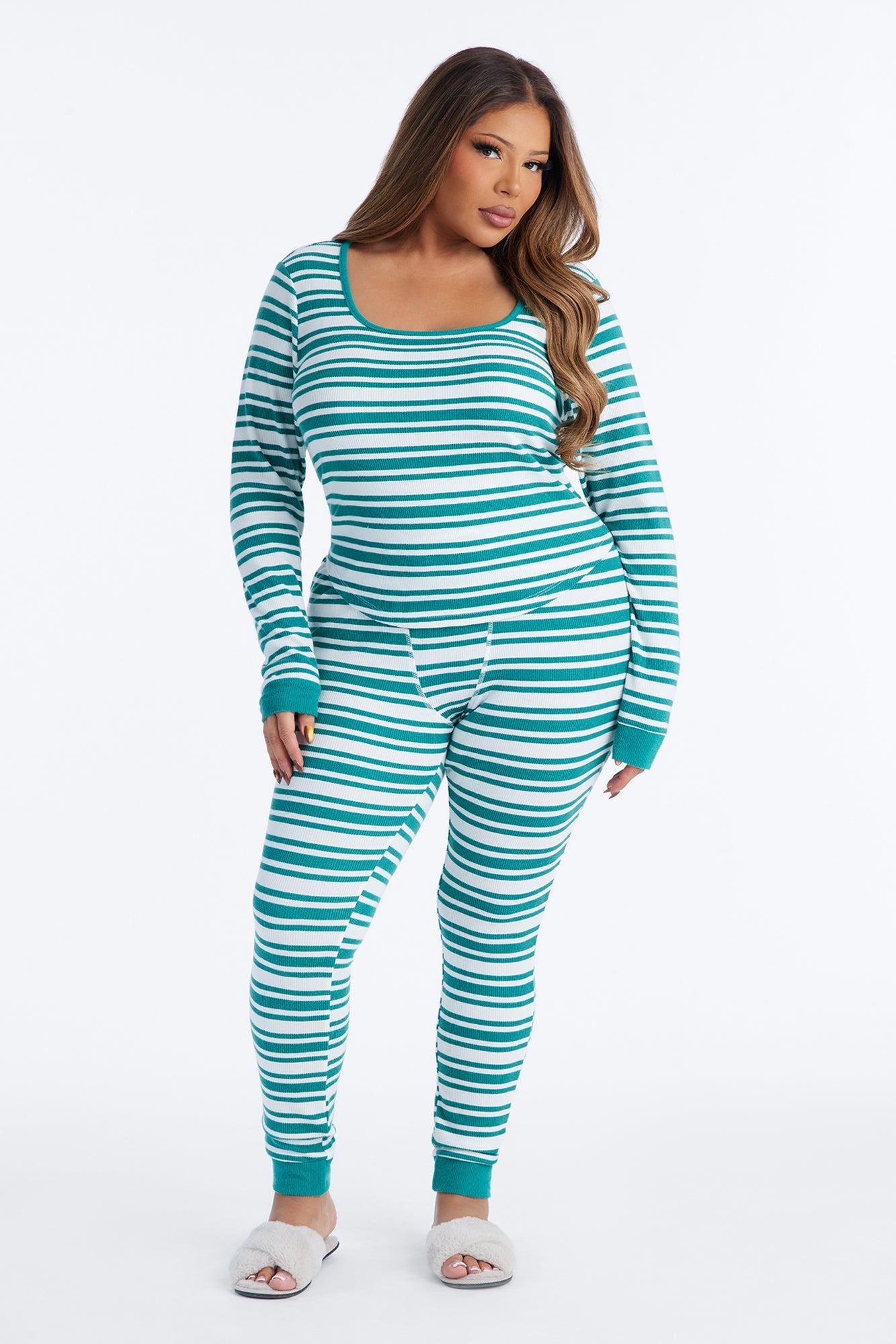 Always Comfy Waffle Long Sleeve PJ Pant Set - Green
