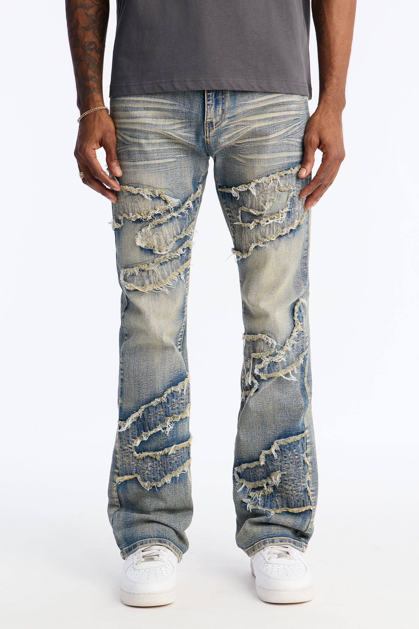 Stacked Slim Flare Fray Waves Jeans - Light Wash