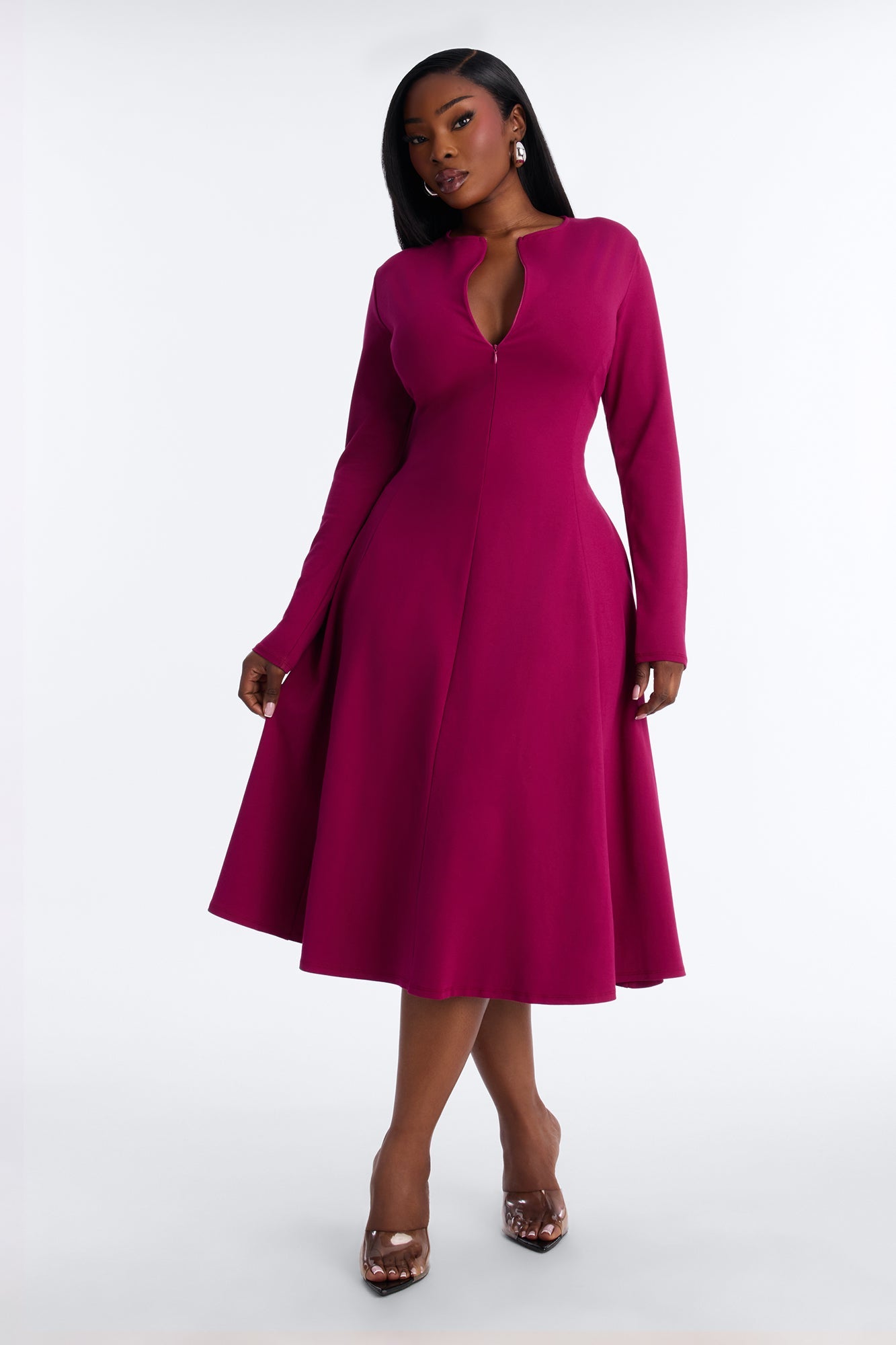 Elliana Zip Pleated Midi Dress - Magenta