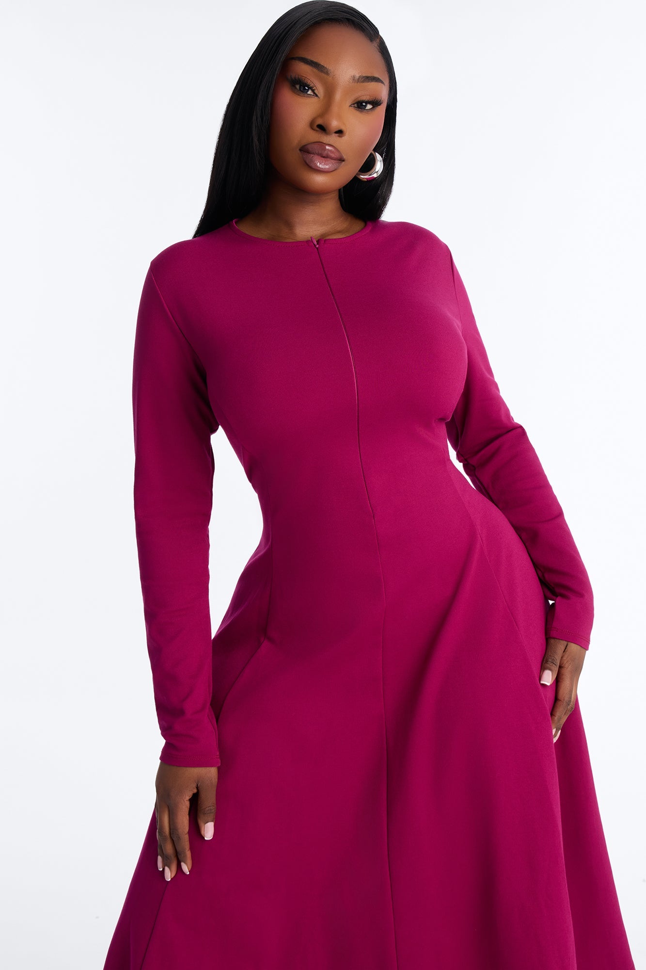 Elliana Zip Pleated Midi Dress - Magenta