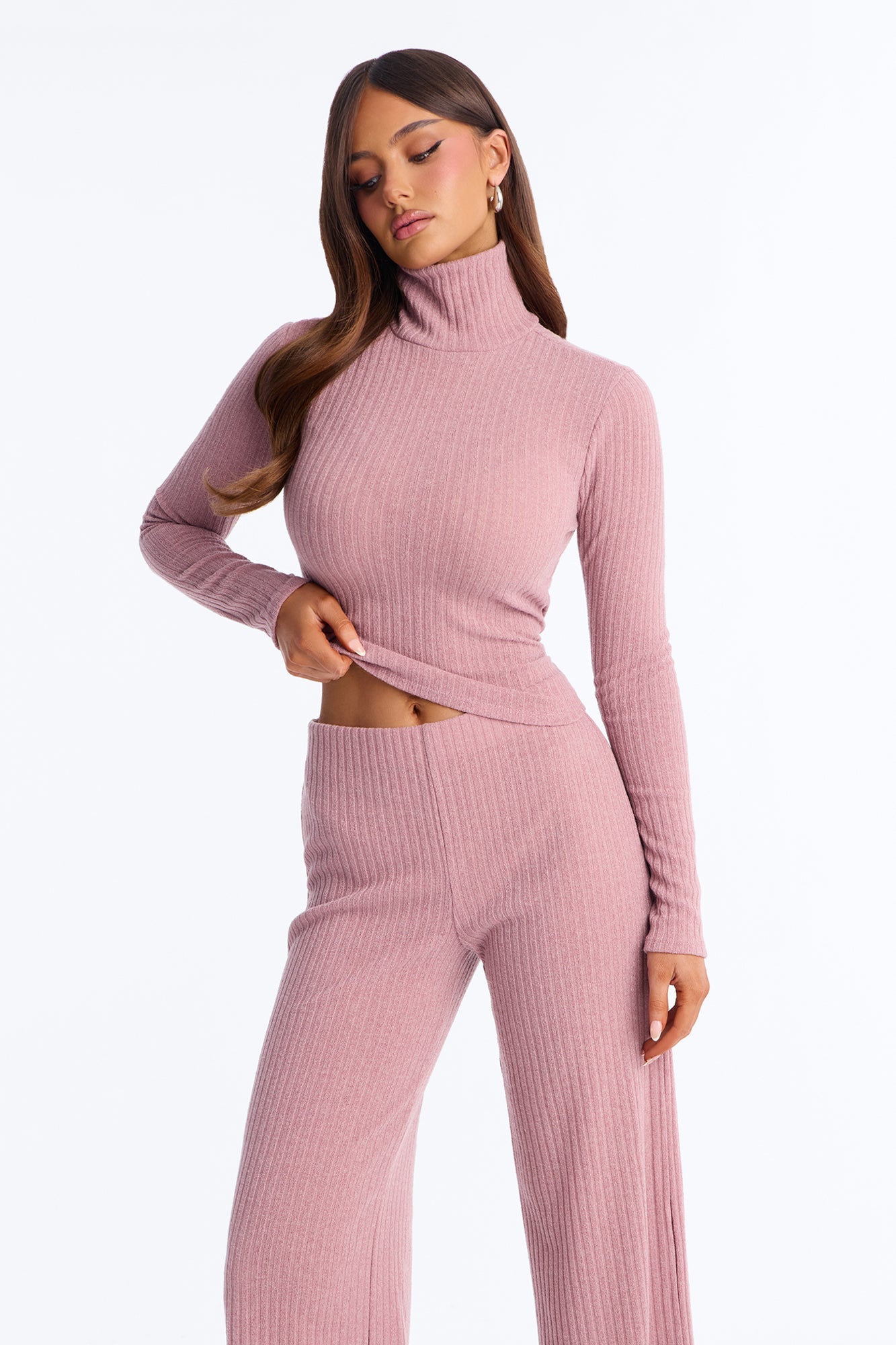 Ruth High Neck Ribbed Pant Set - Mauve