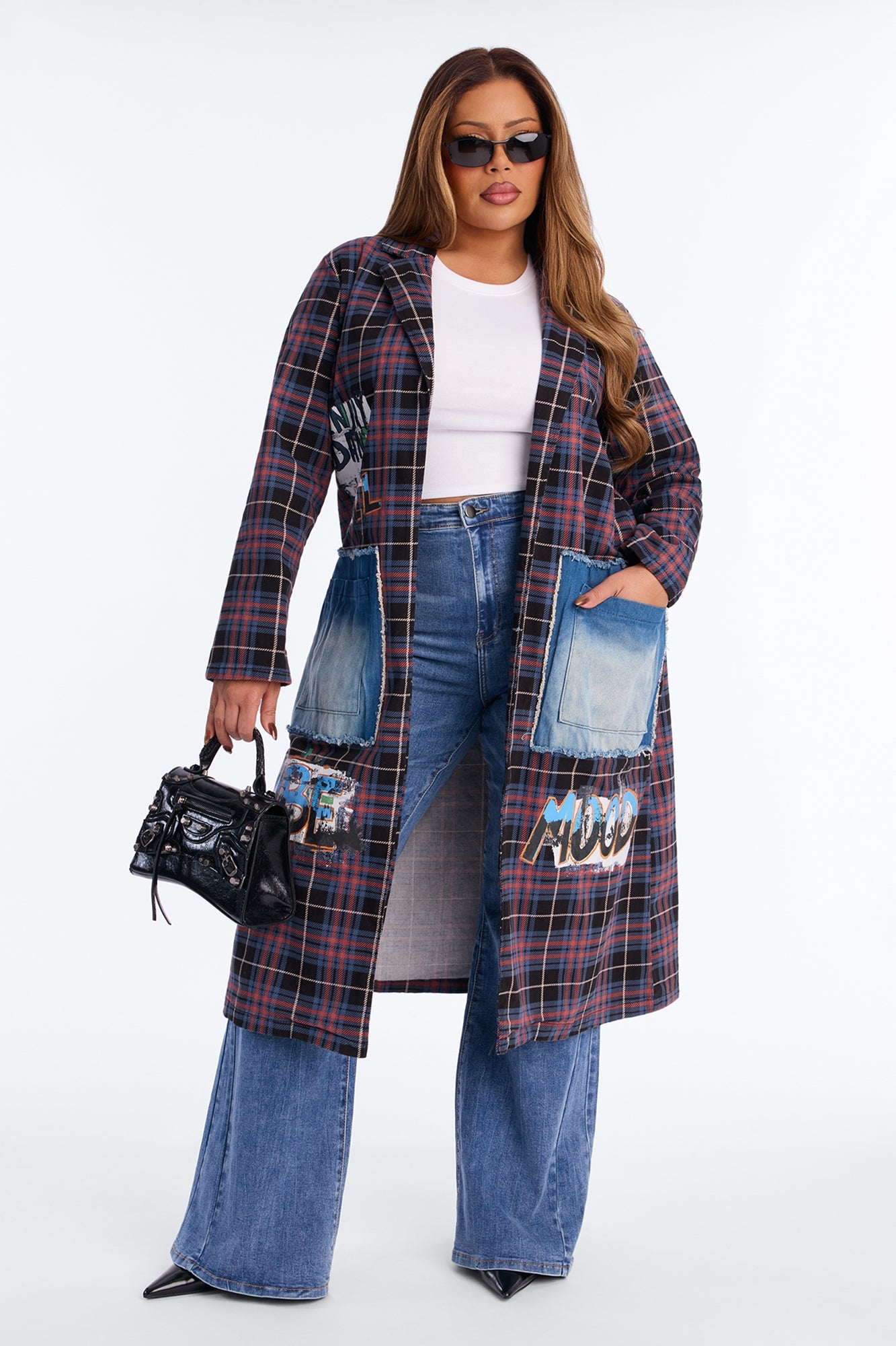 All Patched Up Plaid Graffiti Long Blazer - Purple/combo