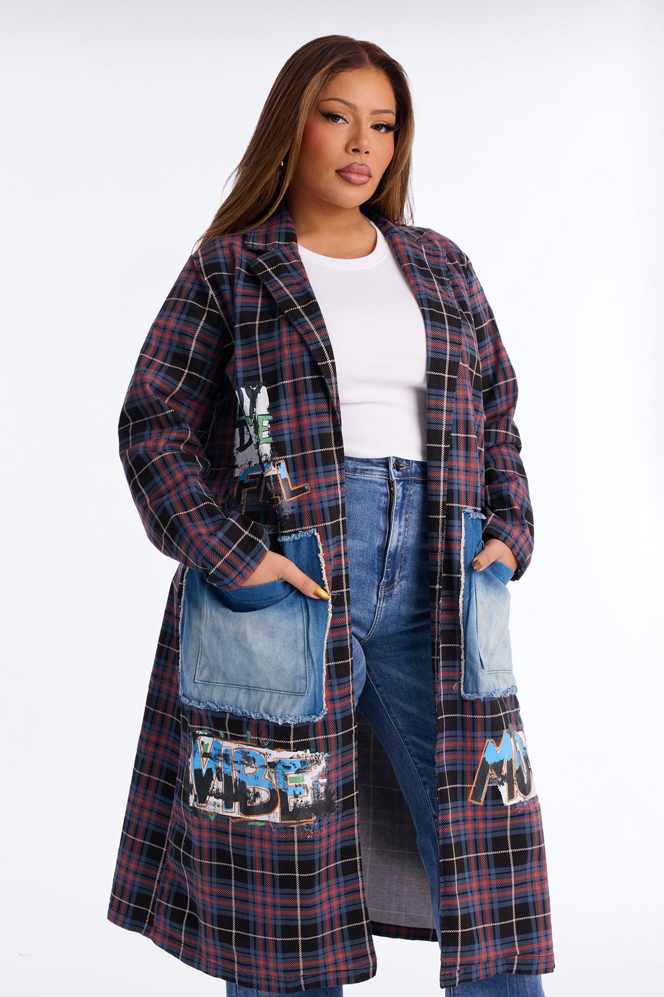All Patched Up Plaid Graffiti Long Blazer - Purple/combo