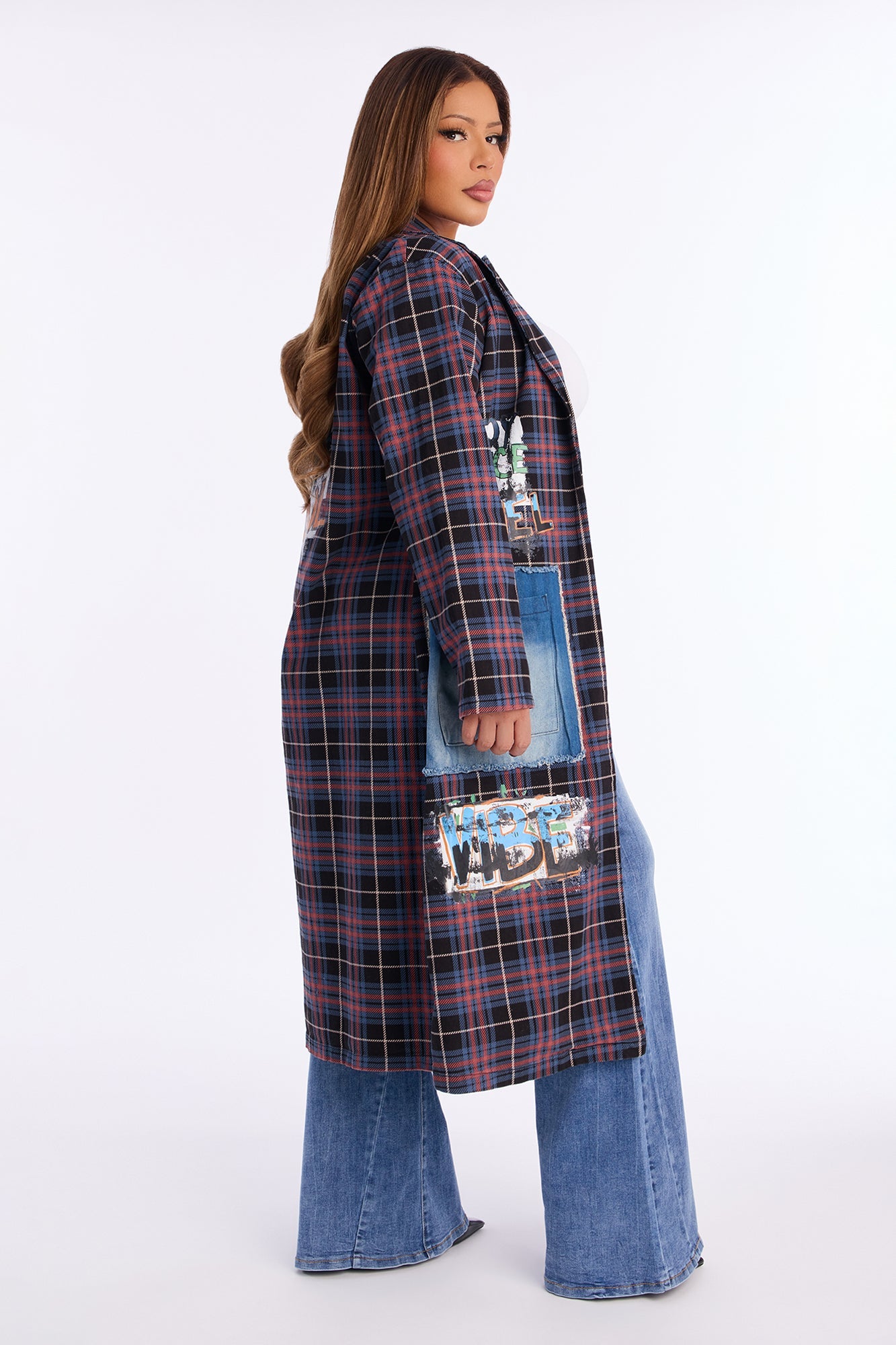 All Patched Up Plaid Graffiti Long Blazer - Purple/combo