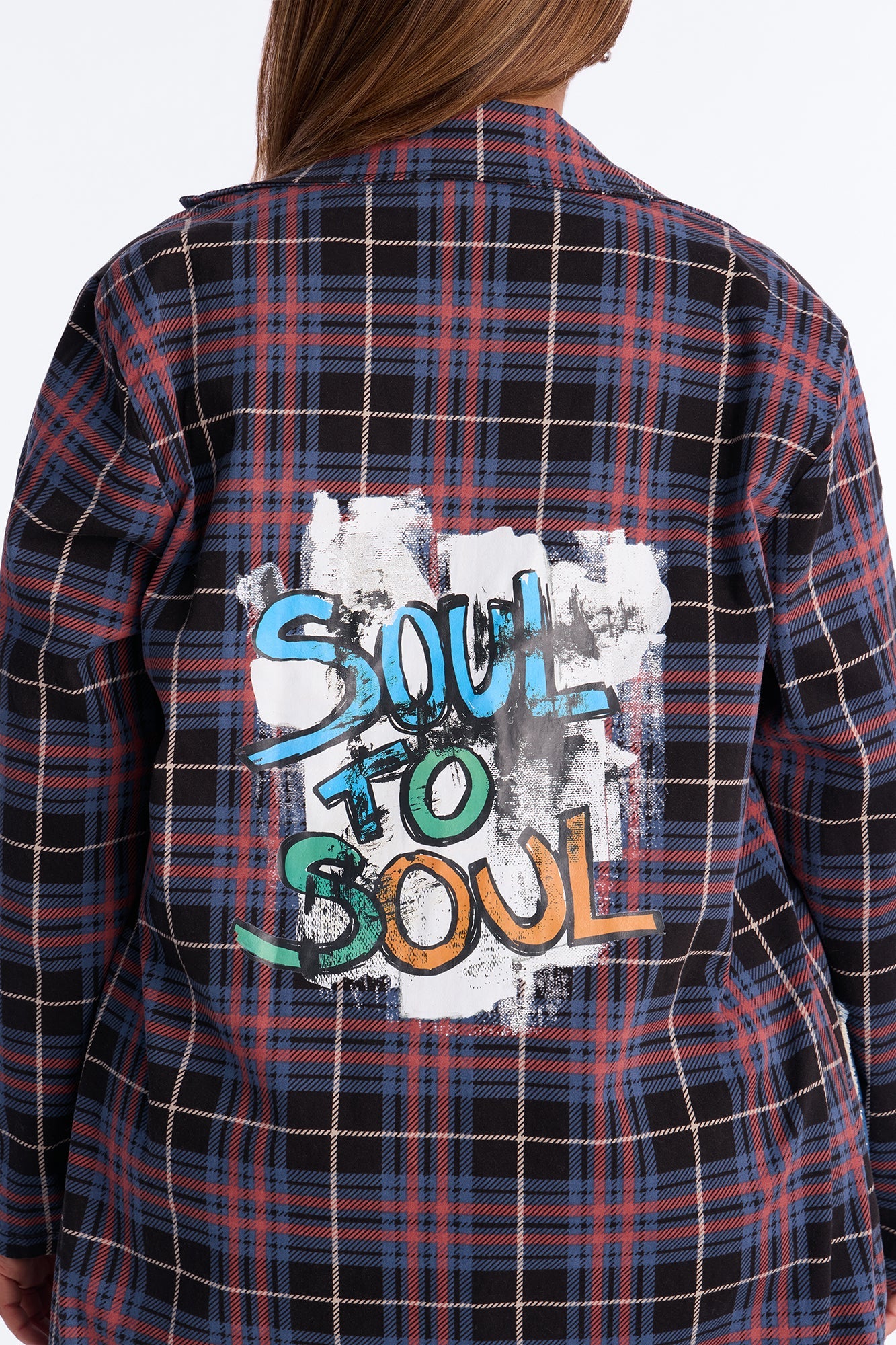 All Patched Up Plaid Graffiti Long Blazer - Purple/combo