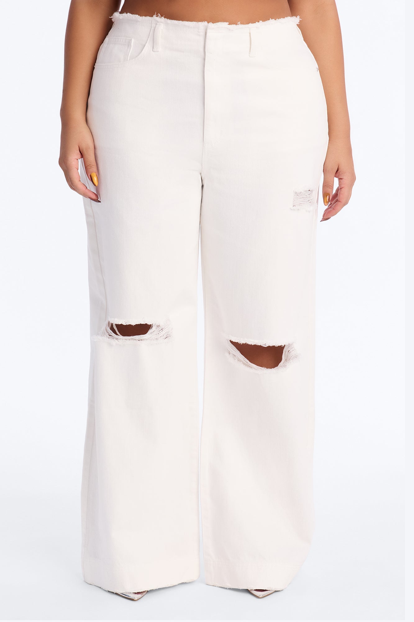 In Your Dreams Ripped Cut Off Waistband Baggy Jean - White