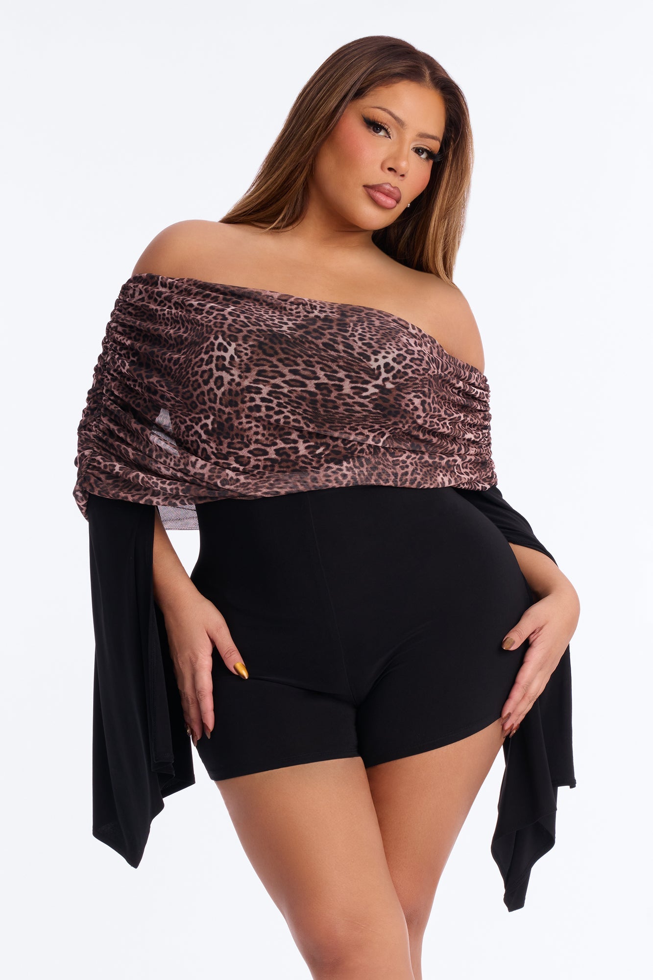 Farrah Leopard Off Shoulder Romper - Black