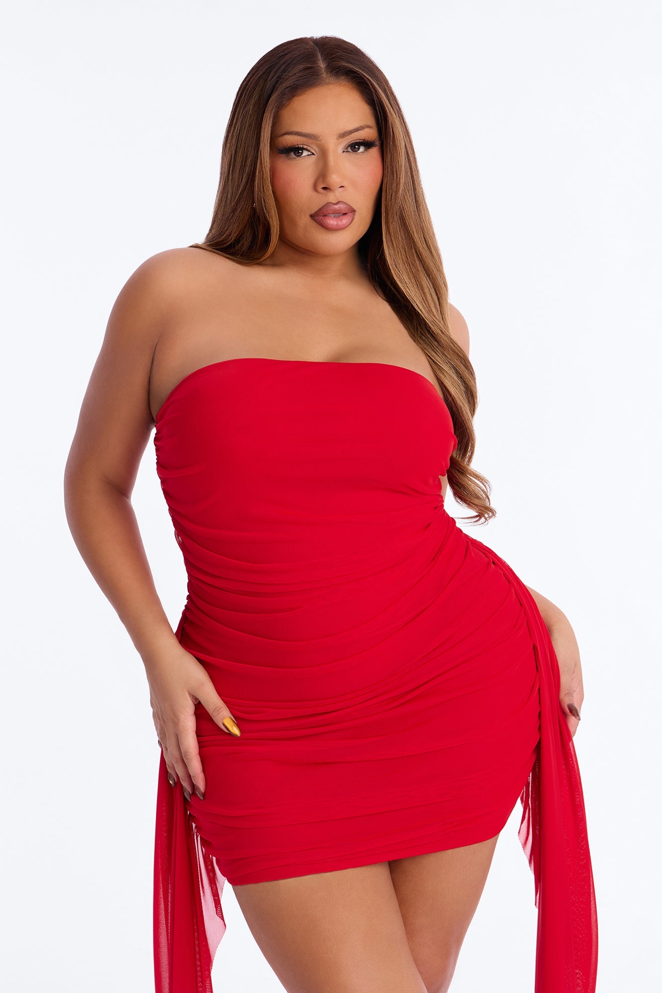Tessa Draped Mesh Mini Dress - Red
