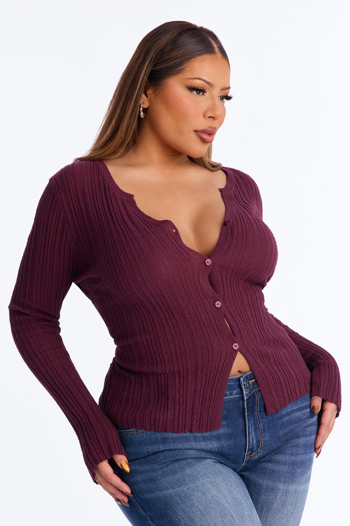 One More Chance Plisse Cardigan - Burgundy